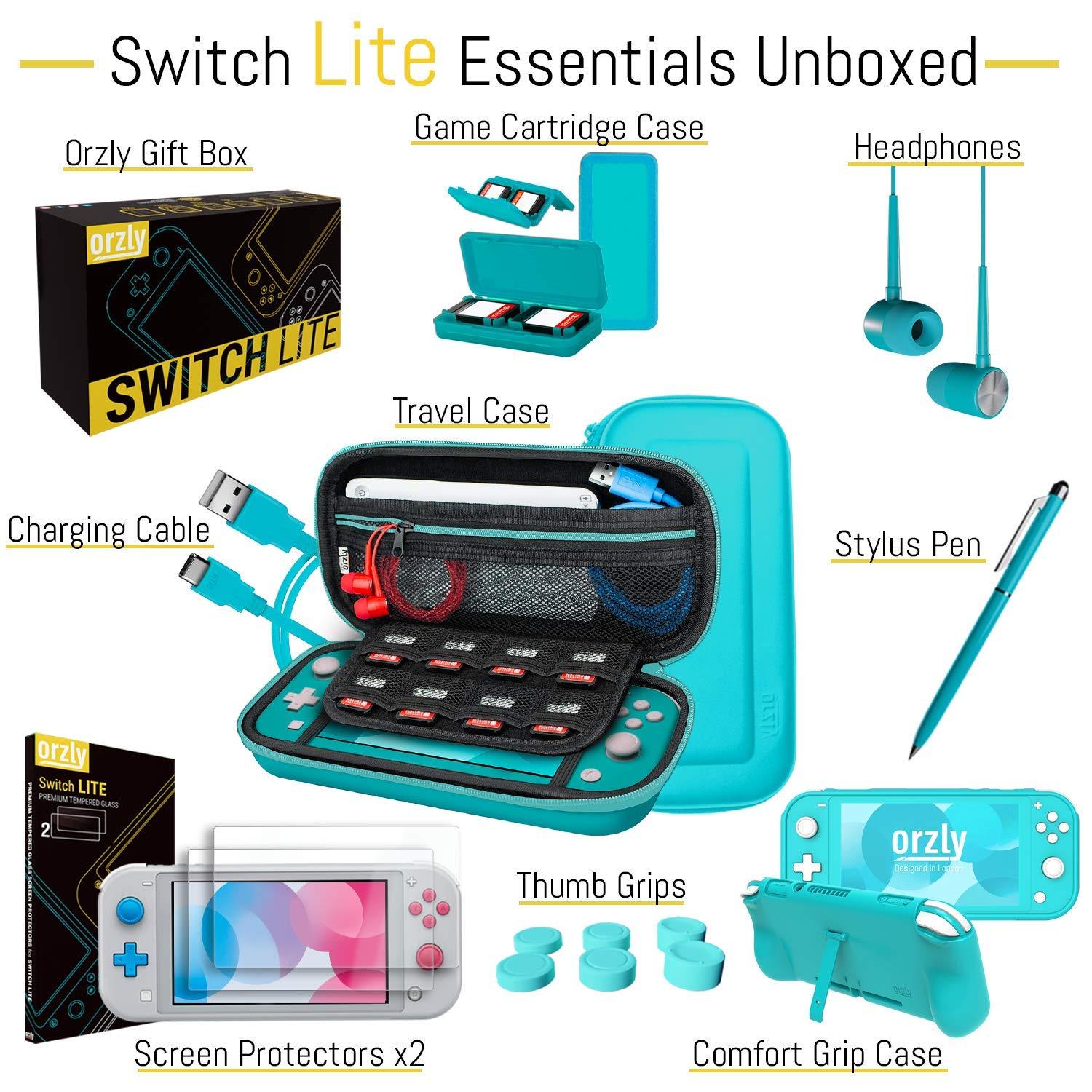 Orzly Switch Lite Accessories Bundle - Case & Screen Protector for Nintendo Switch Lite Console, USB Cable, Games Holder, Grip Case, Headphones, Thumb-Grip Pack & More (Gift Pack - Turquoise Blue) - Image 4