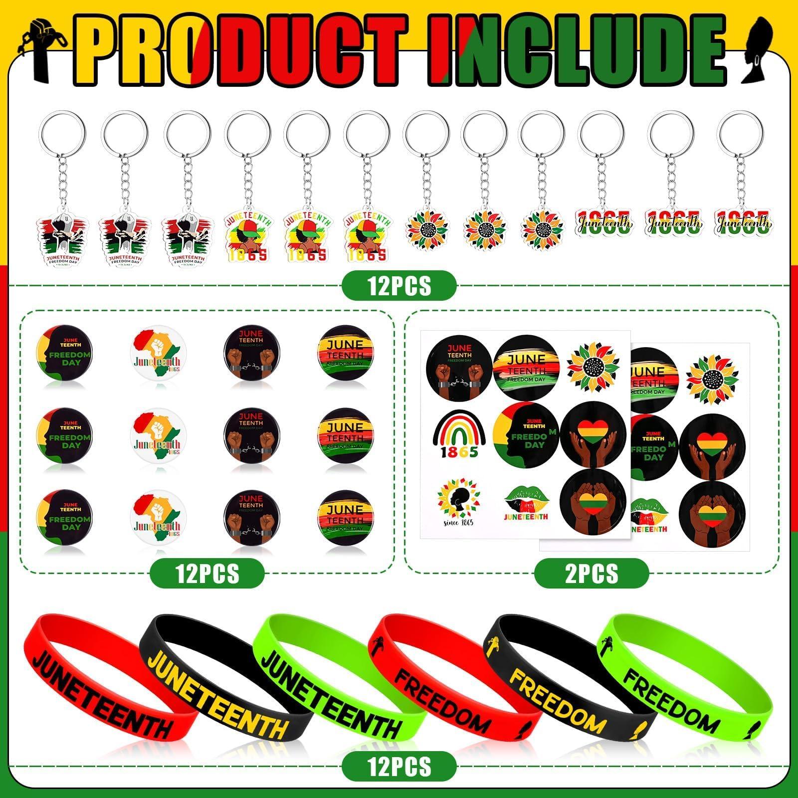 Sanixin 38 Pcs Juneteenth Party Favors with Happy Juneteenth Keychain Elastic Rubber Bracelets Button Badge Stickers Set for 1865 Independence Day African American Festival Parade Supplies Gifts - Image 3