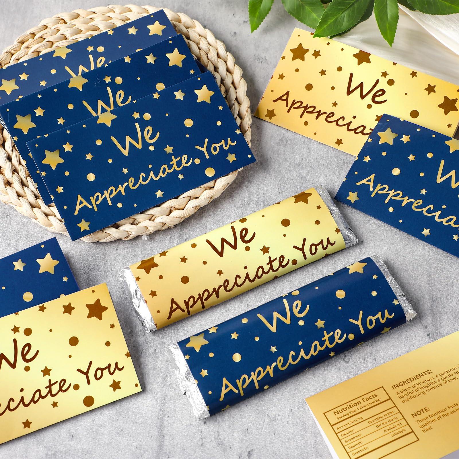 Moinchore 100 Pcs Thank You Candy Bar Wrappers CNA Appreciation Week Gifts We Appreciate Chocolate Bar Wrappers Blue Gold DIY Employee Appreciation Gifts in Bulk Dots Stars for Thank You Favors - Image 2