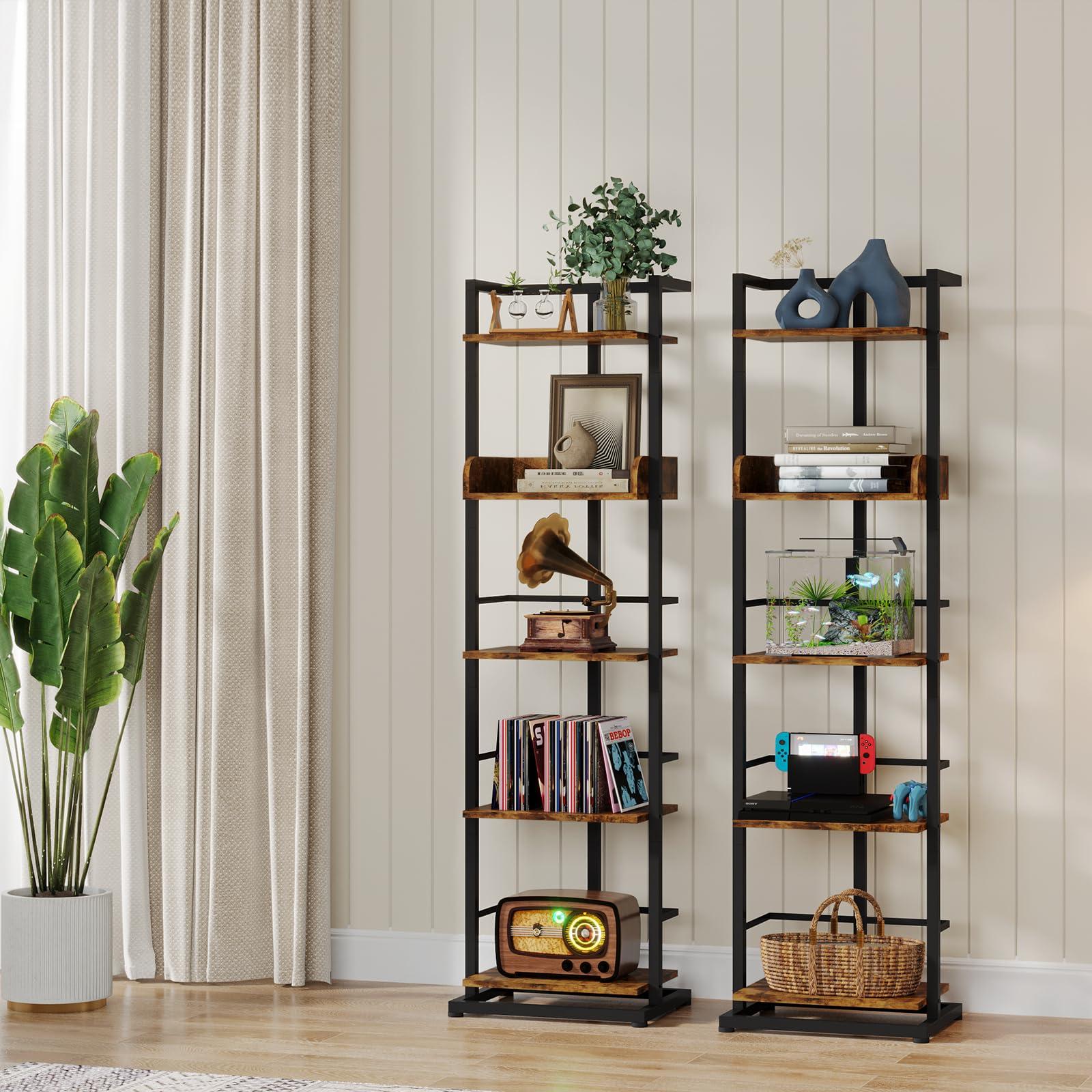 Hosfais Book Shelf Narrow Bookshelf: 5 Tier Wood Bookcase with Metal Edge Protection Industrial Modern Bookshelf Book Storage Organizer for Living Room Bedroom Home Office (Rustic Brown) - Image 7