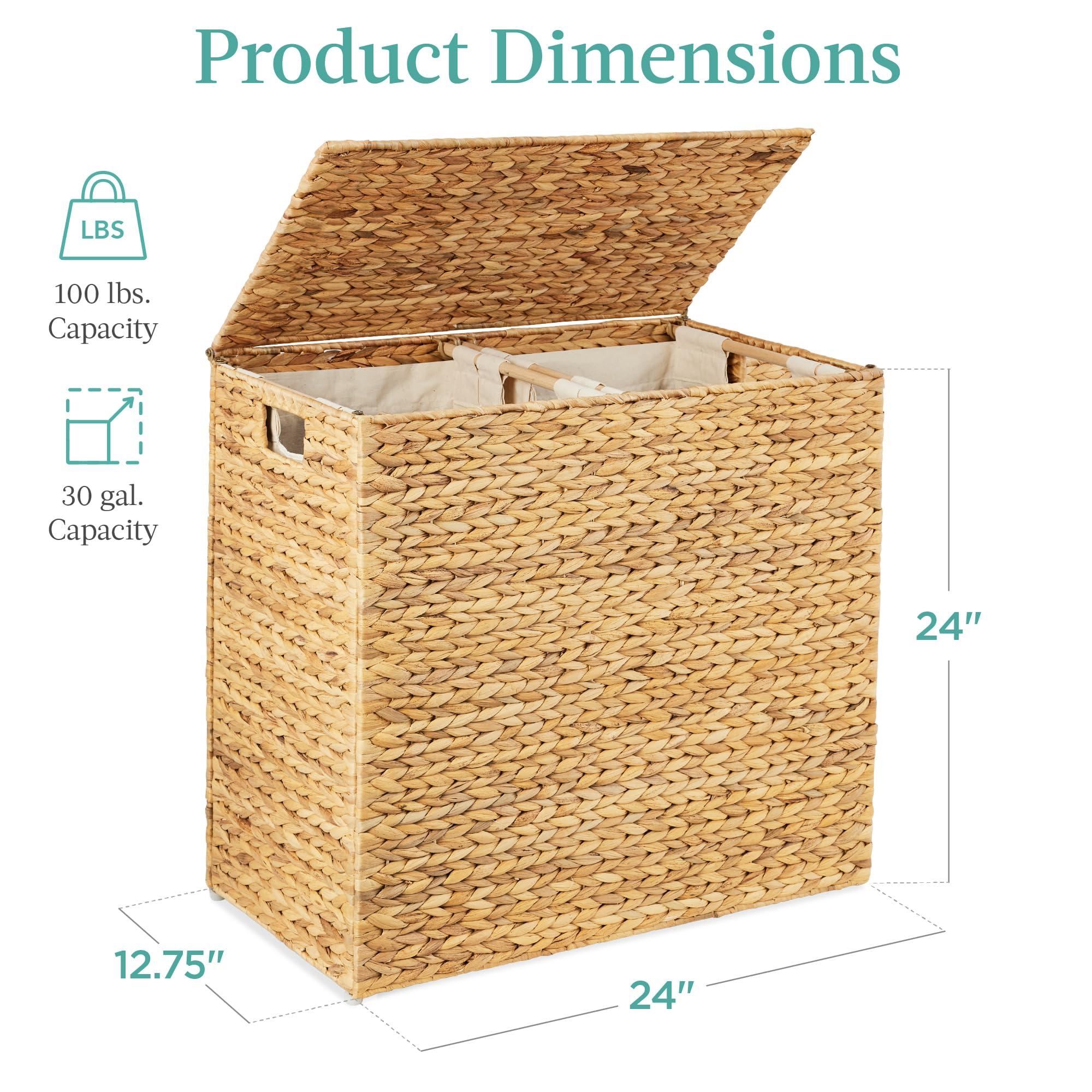 Best Choice Products Large Double Laundry Hamper with Lid, Natural Handwoven Water Hyacinth, 2 Sections w/ 2 Machine Washable Linen Liner Bags, Portable, Handles - Natural - Image 2