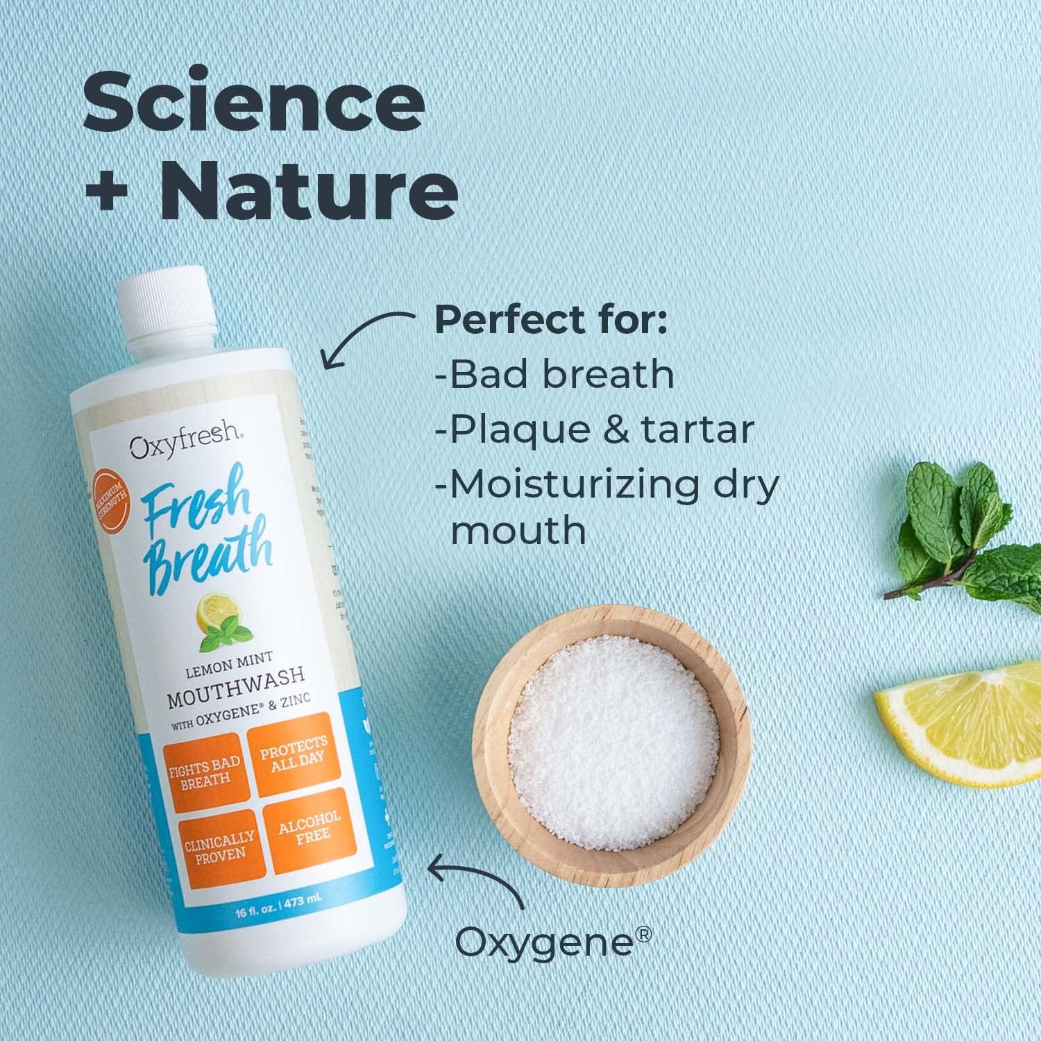Oxyfresh Premium Lemon Mint Fresh Breath Mouthwash – Oral Rinse for Bad Breath – SLS & Fluoride Free Mouthrinse – Alcohol Free, Gentle Non Burning Mouthwash with Xylitol & Essential Oils, 16 oz - Image 4
