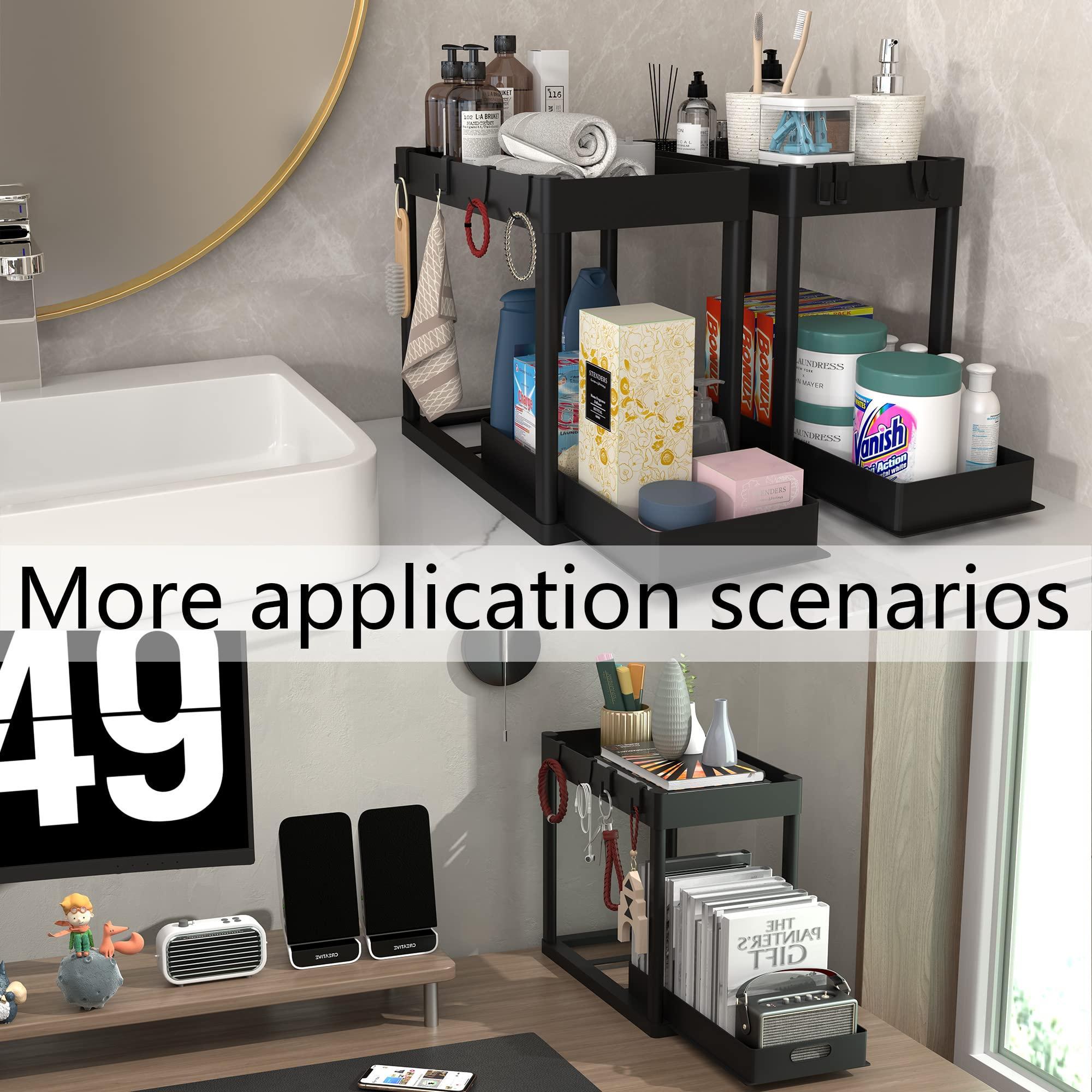POUGNY 2PC Under Sink Organizer Rack 2 Tier Under Sliding Cabinet Basket Organizer Drawer with 4 Hooks, Multi-purpose Under Sink Storage for Bathroom Kitchen Desktop（Black） - Image 6