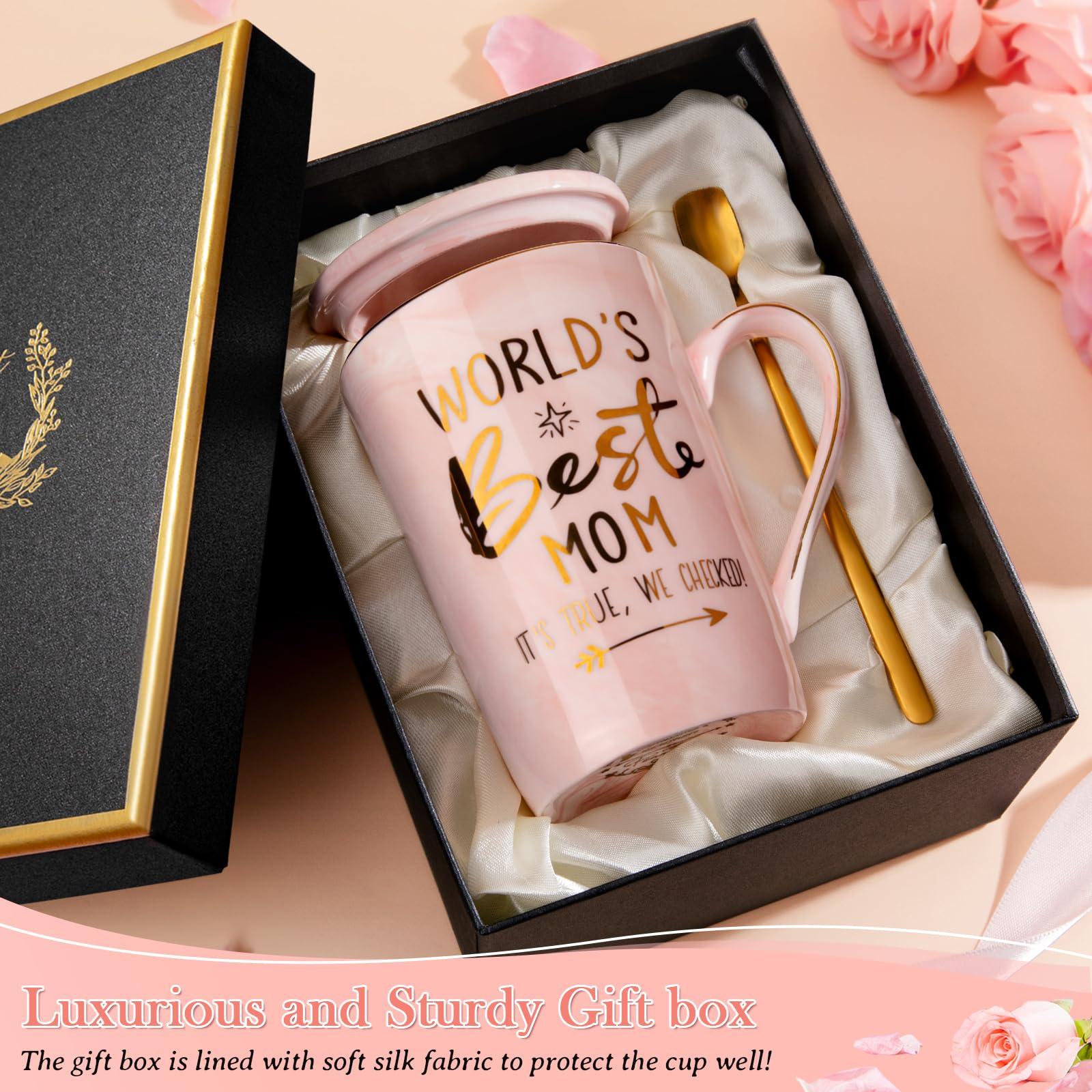 Birthday Gifts for Mom from Daughter Son - 14Oz Funny Best Mom Mug with Gold Print, Unique Pink Marble Coffee Cup with Lid Spoon Greeting Card, New Moms Mothers Day Gift Ideas, Luxury Gift-Boxed Set - Image 5