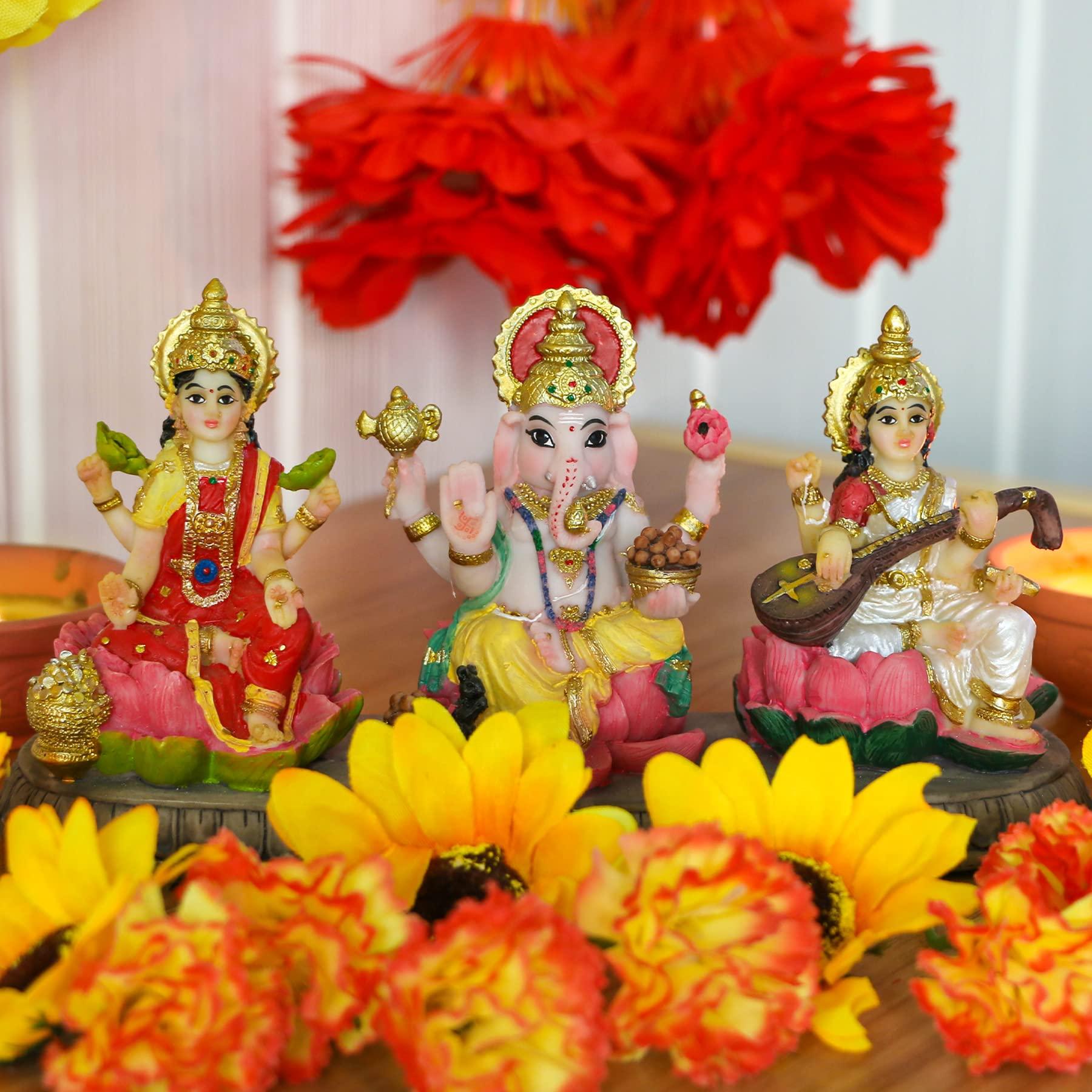 India Laxmi Ganesh Saraswati Statue - 3.9”H Indian God Lakshmi Ganesha Saraswati Idol Figurine Hindu Diwali Gifts Diwali Decoration Home Office Mandir Temple Pooja Item - Image 4