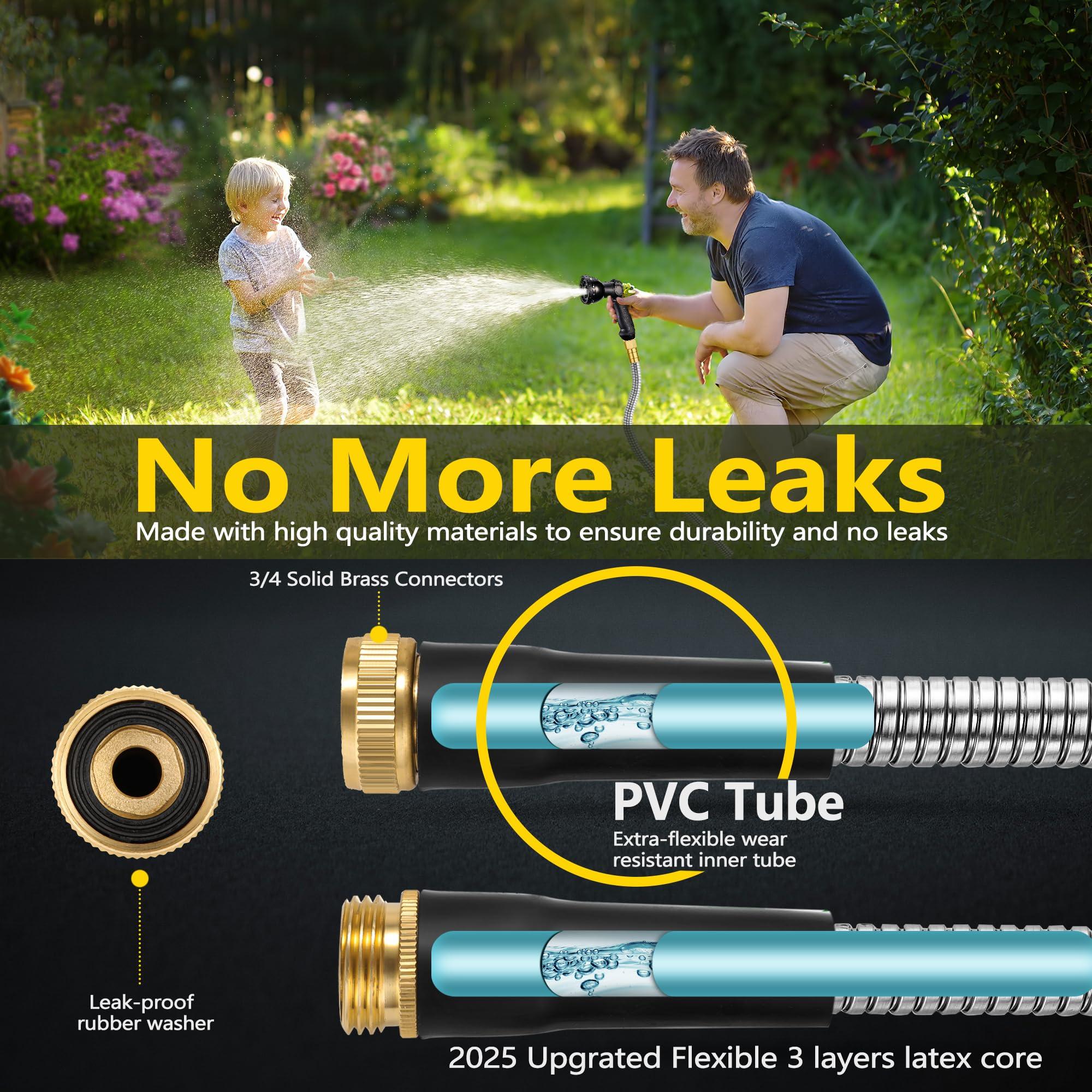 150 ft Stainless Steel Garden Hose - 2025 Upgraded Metal Water hose - Flexible Water Hose Pipe with Latex Core, 3/4" Solid Brass Connectors - No-Expandable Garden Hoses - Image 4