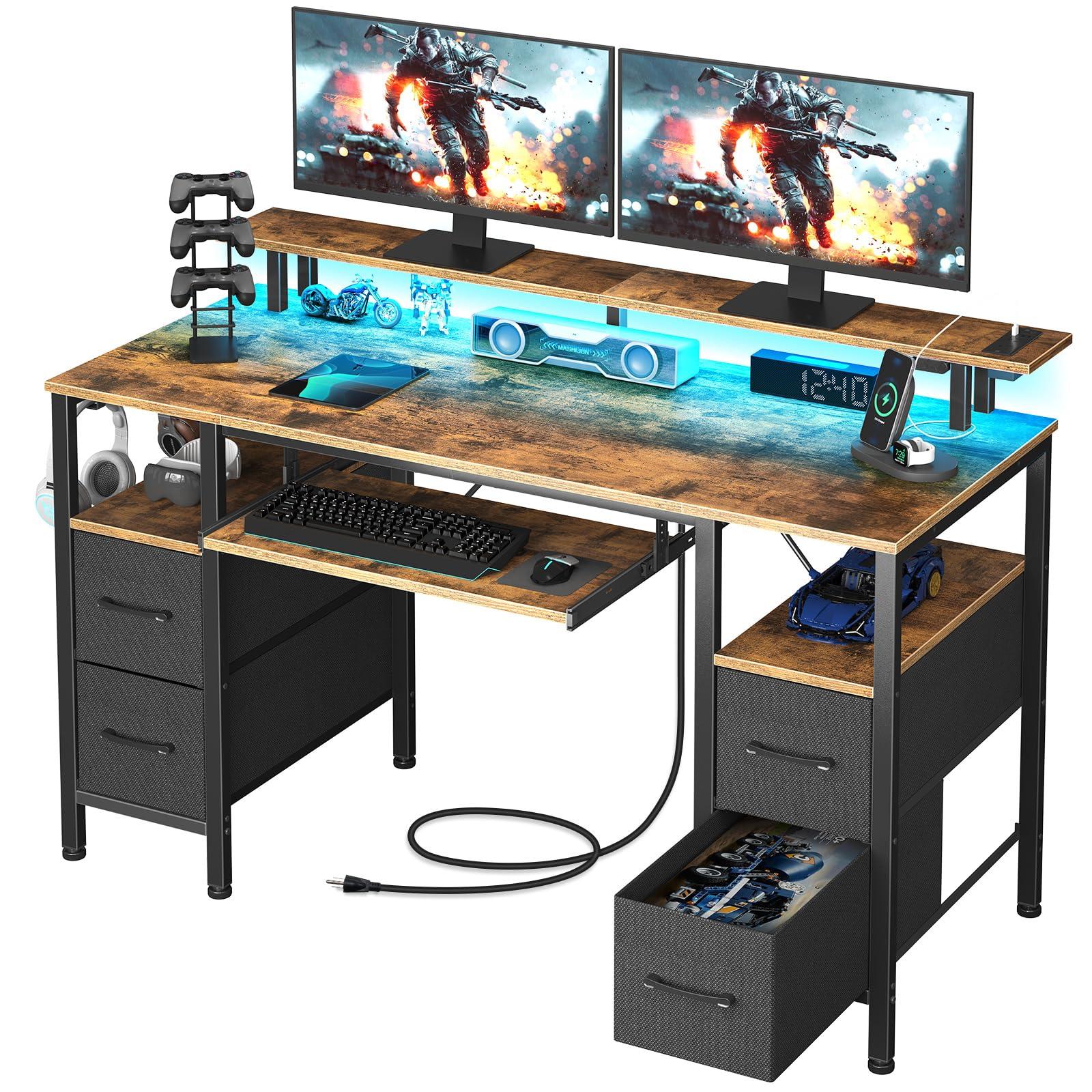 Seventable Computer Desk 55.1" with LED Lights & Power Outlets, Home Office Desk with 4 Drawers, Writing Desk with Keyboard Tray, Study Table with Monitor Stand, Work Table for Office, Rustic Brown
