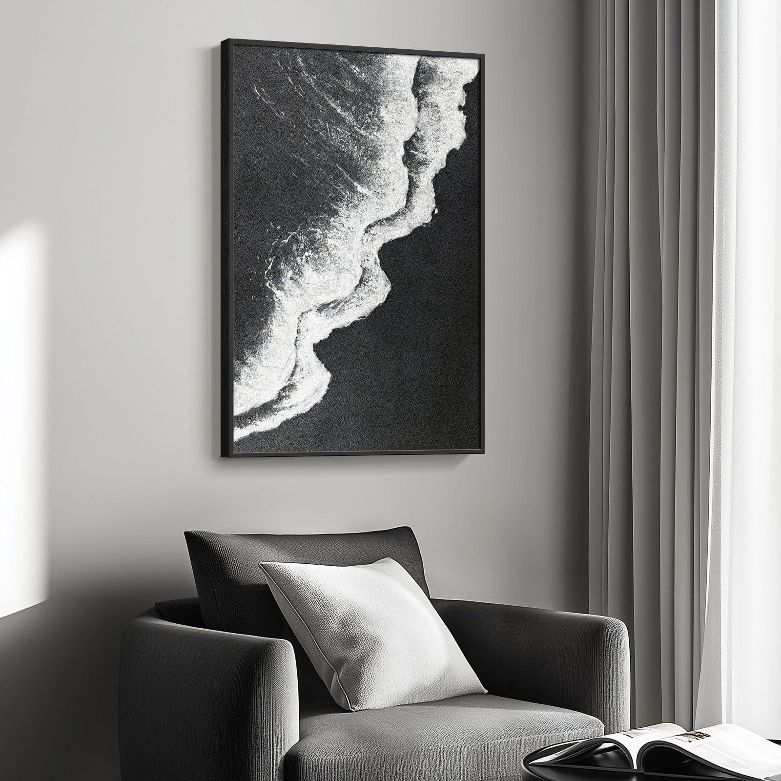 Framed Black and White Abstract Beach Canvas Wall Art, Modern Minimalist Art Prints Paintings Artwork for Walls, Ocean Wave Pictures for Living Room Dining Room Bedroom Bathroom Wall Decor 24x36 In - Image 2
