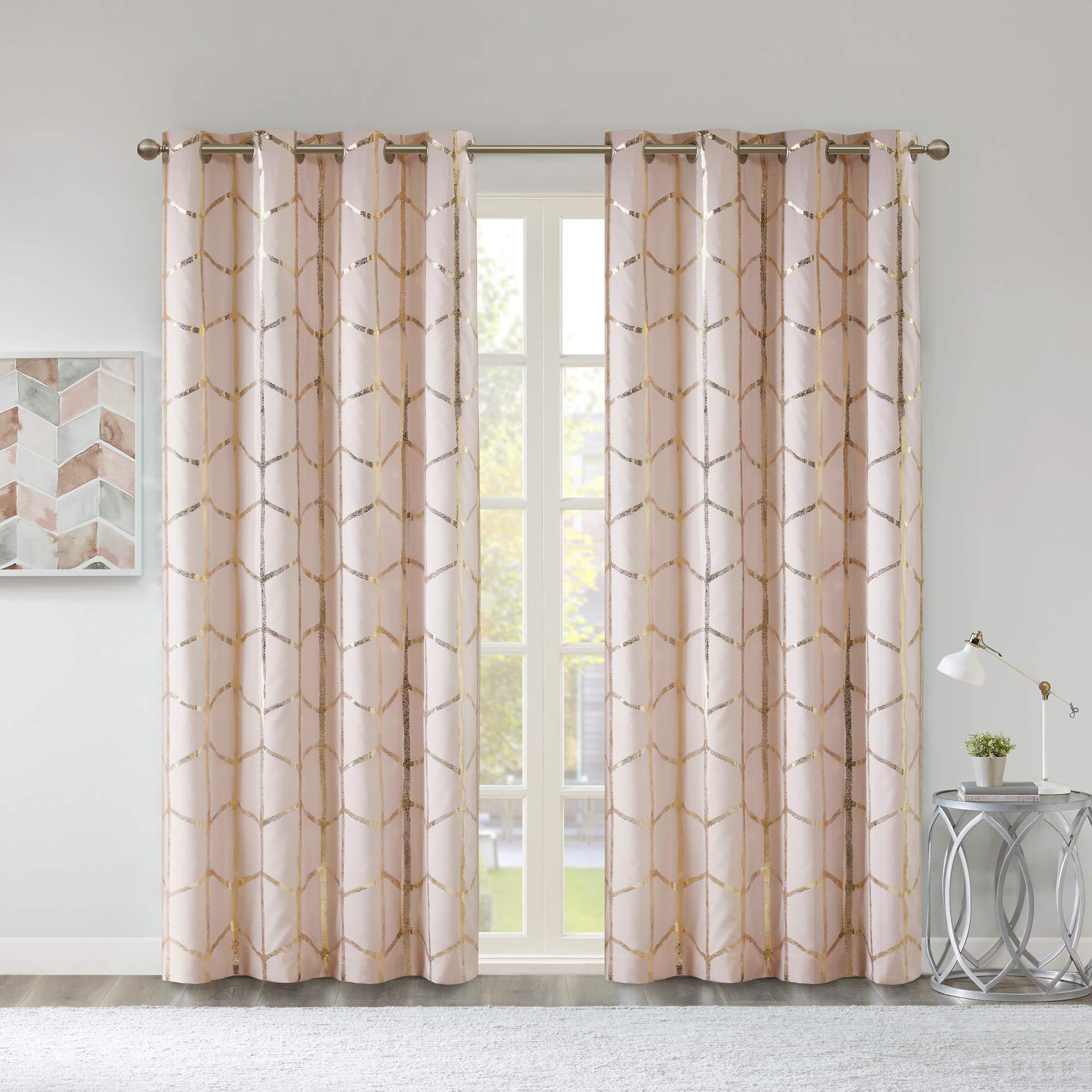 Intelligent Design Raina Total Blackout Metallic Print Grommet Top Single Curtain Panel Thermal Insulated Light Blocking Drape for Bedroom Living Room and Dorm, 50x84, Blush/Gold 1 Piece