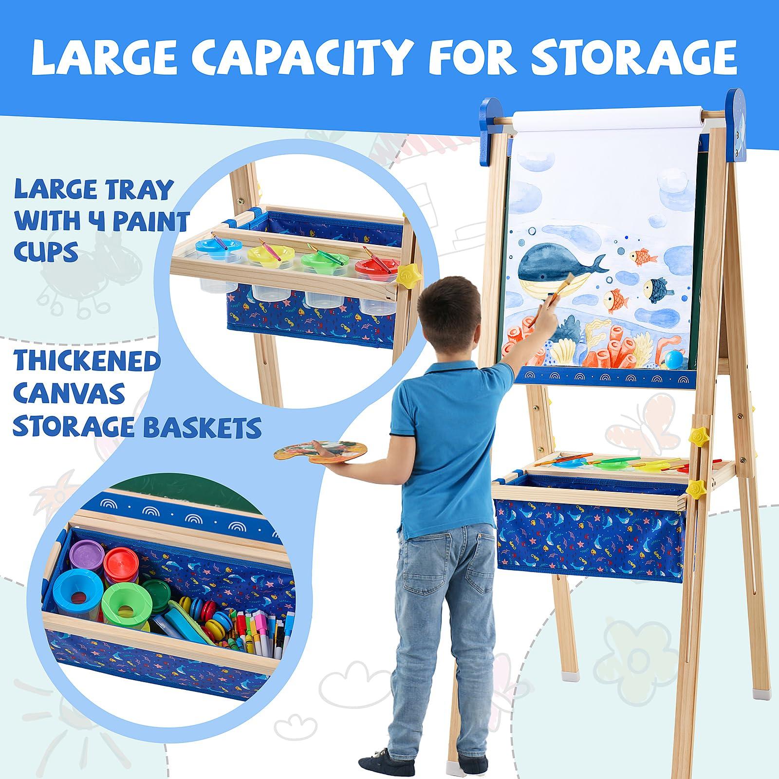 Art Easel for Kids Easels for Toddlers, Double-Sided Adjustable Magnetic Chalkboard Whiteboard, Wooden Painting Easel with Paper Roll, Foldable Standing Drawing Easel for Toddlers Boys Girls Ages 3-12 - Image 5