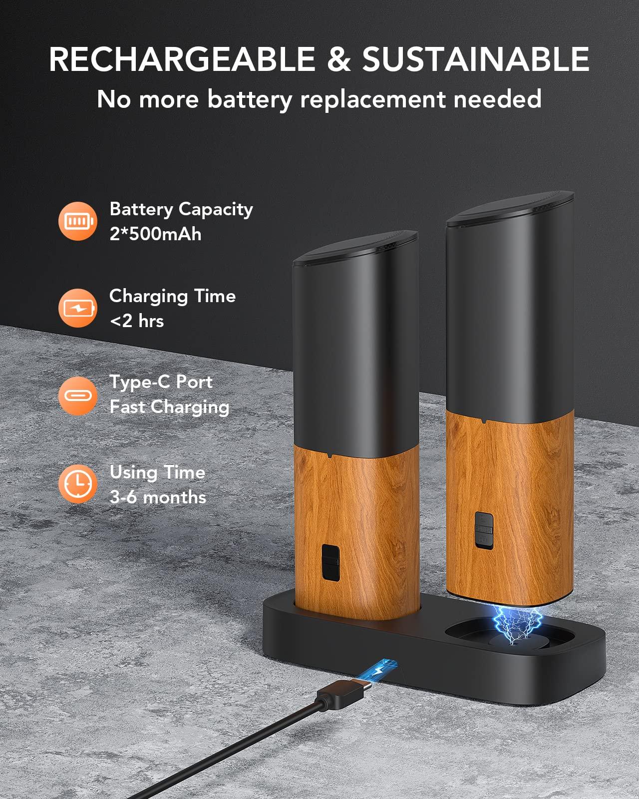 FORLIM Gravity Electric Salt and Pepper Grinder Set, Upgraded Large Capacity, USB Rechargeable Pepper grinder Automatic One Hand Operated, Adjustable Coarseness with LED Light（Natural Wood Grain） - Image 4
