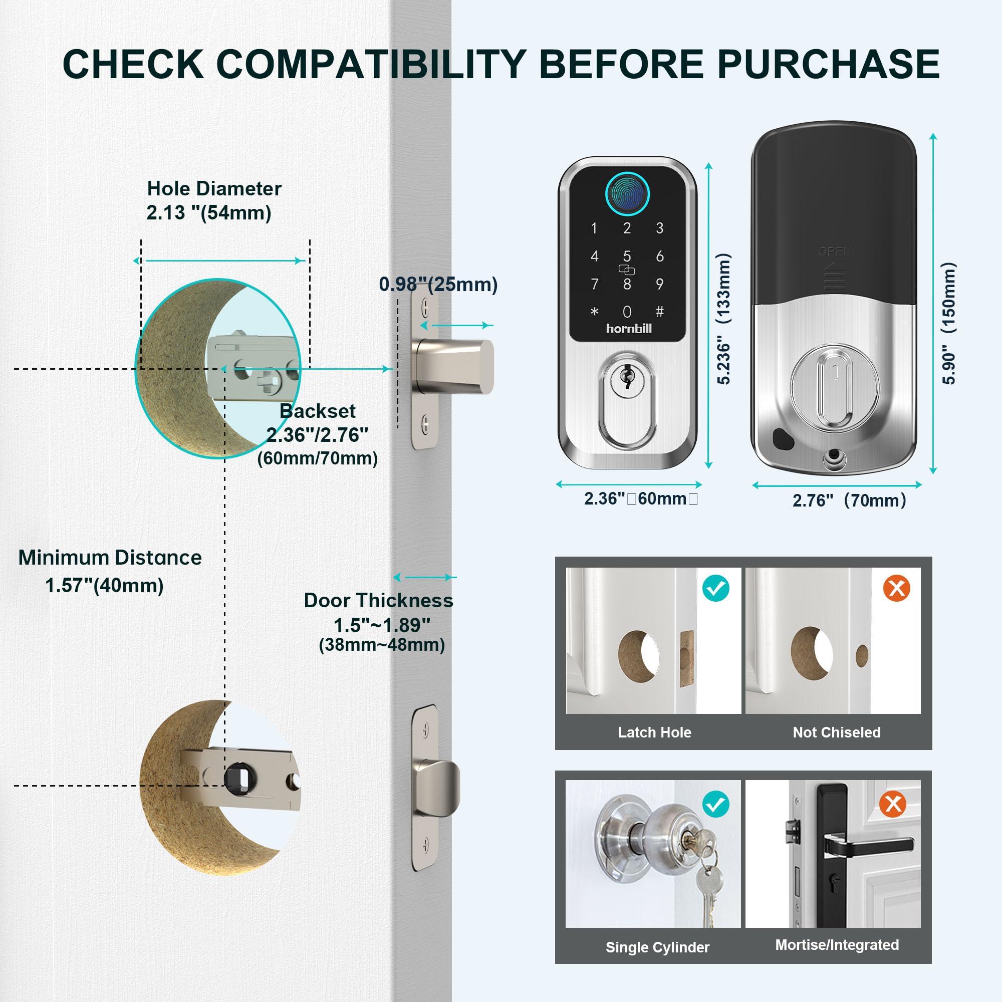Wi-Fi Smart Deadbolt Keyless Entry: 9-in-1 Hornbill Smart Lock for Front Door, Smart Deadbolt Lock, Electronic Keypad Code Fingerprint Unlock, Works with Alexa for Home Office Hotel, Satin Nickel - Image 8