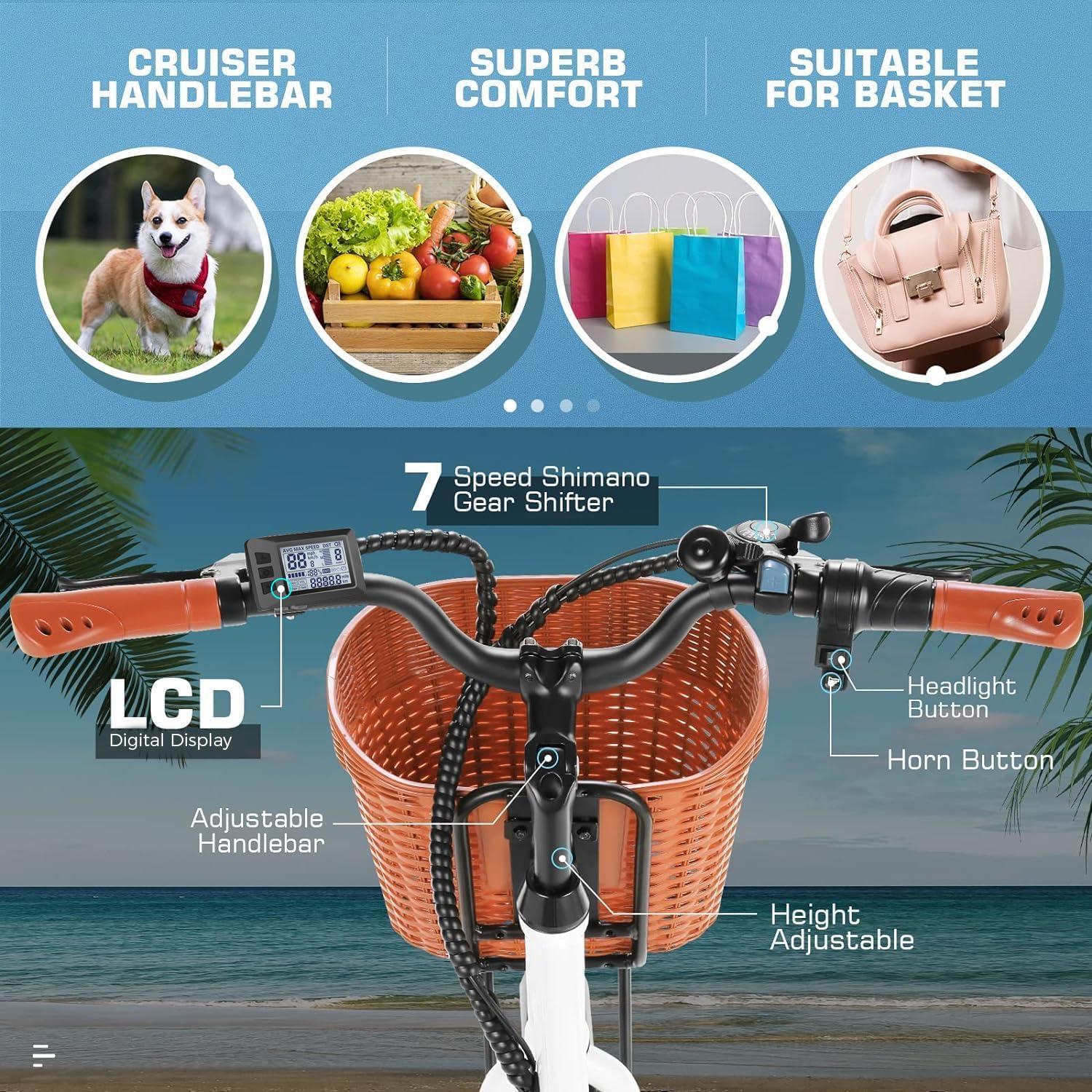 ANCHEER 26'' Electric Bike for Adults, Peak 750W Low Frame Electric City Bike with 48V/374Wh Battery, Up to 50Miles Step Through Commuter Ebike/Electric Bicycle with Basket, LCD Display - Image 5