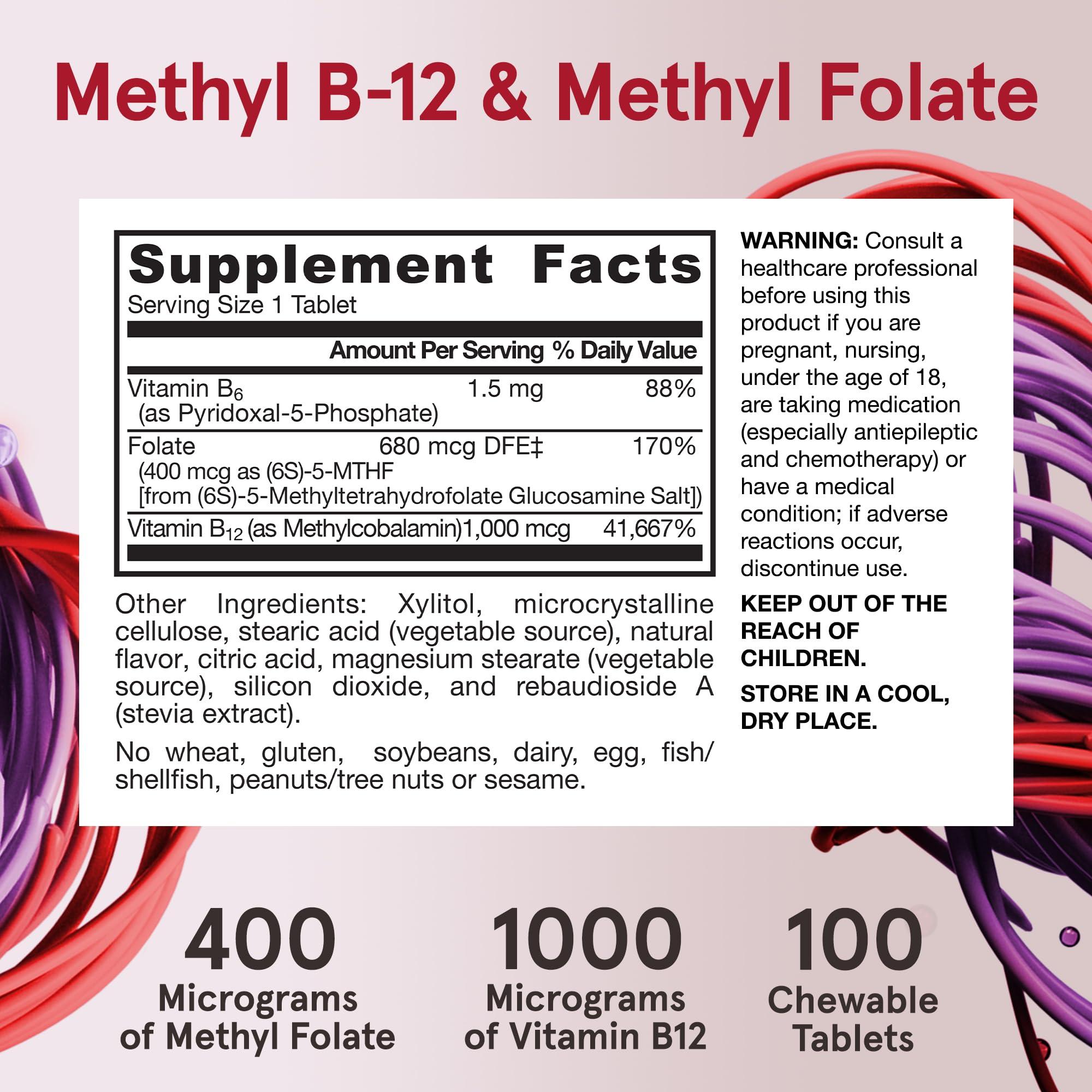 Jarrow Formulas Methyl B-12 1000 MCG and Methyl Folate 400 MCG, Extra Strength, Cellular Energy Metabolism and Cardiovascular Health Formula(1) With P-5-P, 100 Chewable Tablets, Up to a 100 Day Supply - Image 6