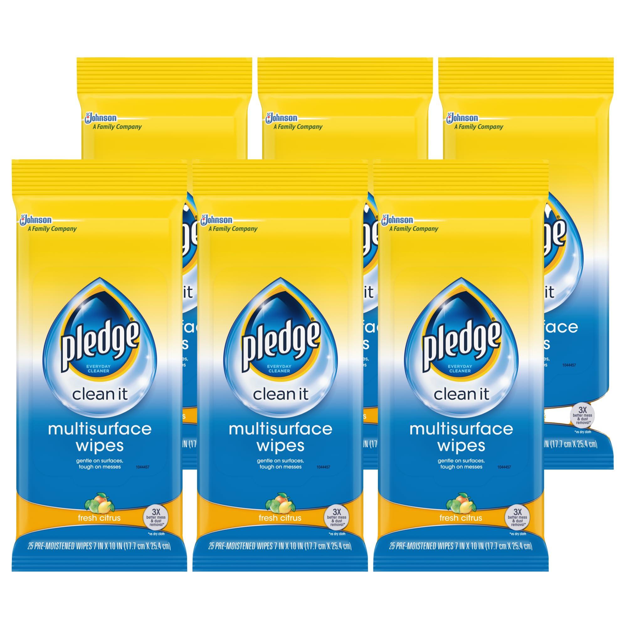 Pledge Multi-Surface Furniture Polish Wipes, Works on Wood, Granite, and Leather, Cleans and Protects, Fresh Citrus - Pack of 6 (150 Total Wipes)