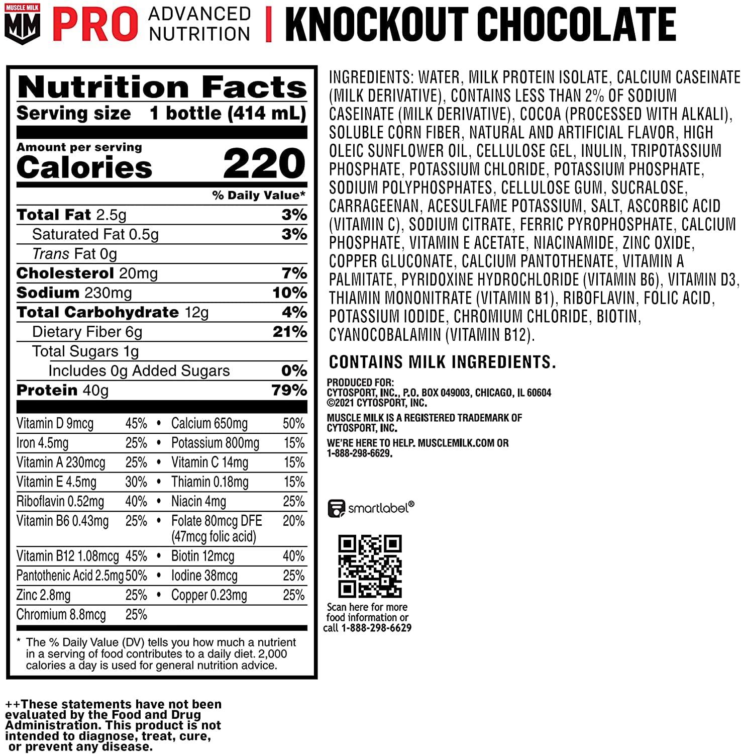 Muscle Milk Pro Advanced Nutrition Protein Shake, Knockout Chocolate, 14 Fl Oz Bottle, 12 Pack, 40g Protein, 1g Sugar, 16 Vitamins & Minerals, 6g Fiber, Workout Recovery, Packaging May Vary - Image 2
