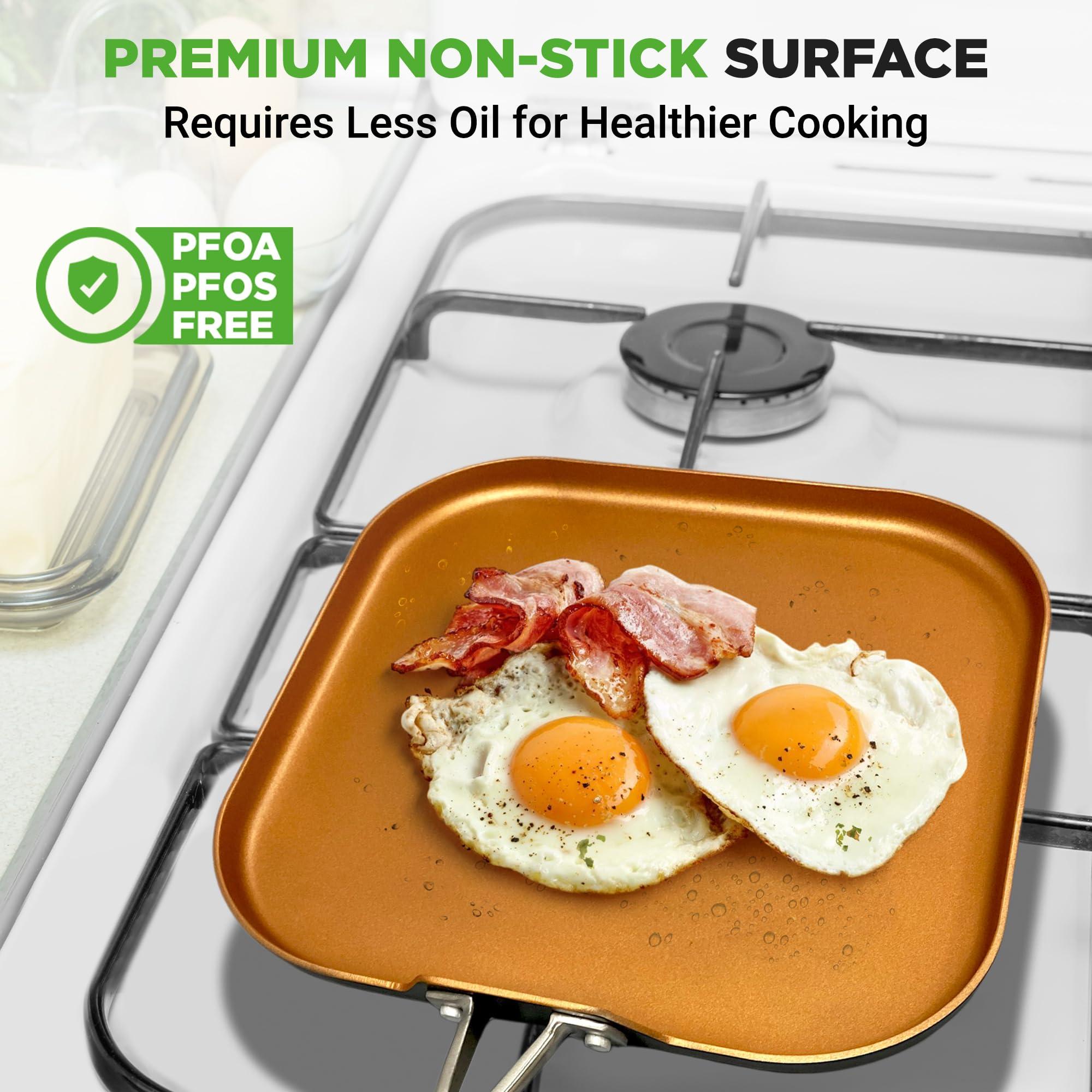 NutriChef Copper Pan Non-Stick Coating Inside, Hard-Anodized Look Heat Resistant Lacquer Outside, Silicone Handle NCSQPA, 1 Griddle - Image 3