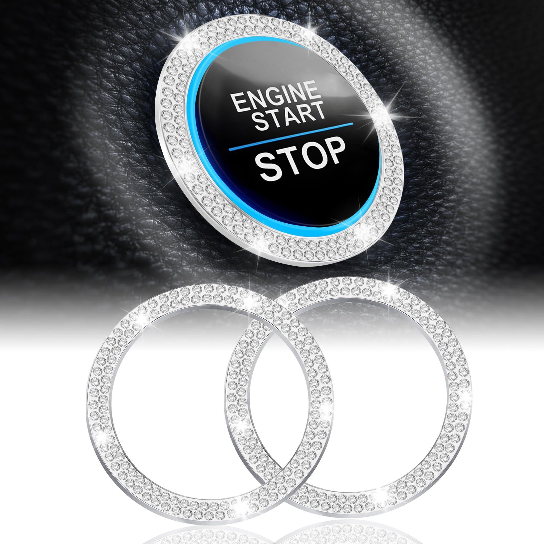 LivTee 2 PCS Crystal Double Rhinestone Car Engine Start Stop Decoration Ring, Bling Car Interior Accessories for Women, Push to Start Button Cover Sticker, Automotive Decals, White
