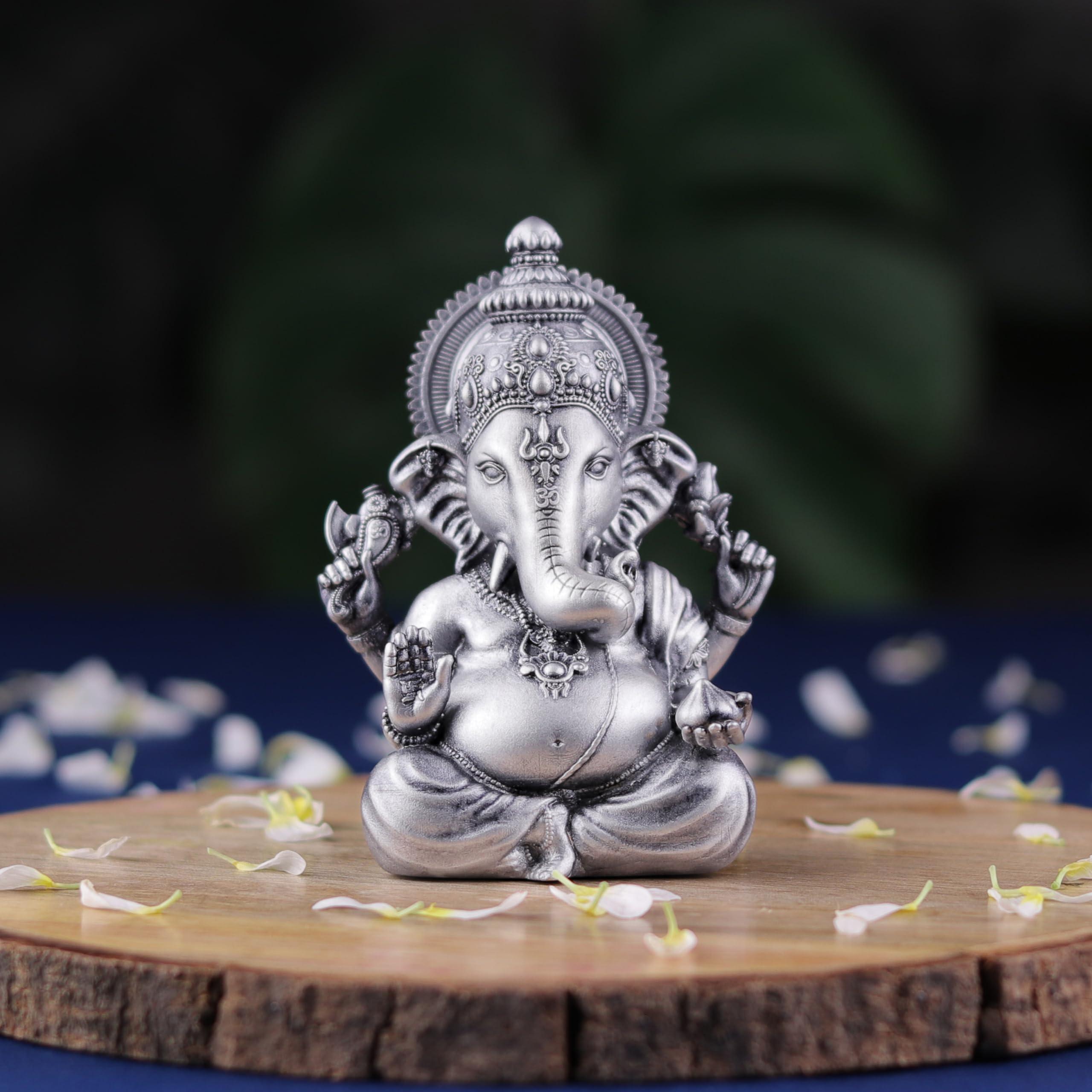 Artarium Ganesha Statue for Car Dashboard Marble and Resin Vighnaharta Ganesha Idol Home Decor Item Ganesh Murti Statue for Gift (Silver) Height -3.5 inch - Image 5