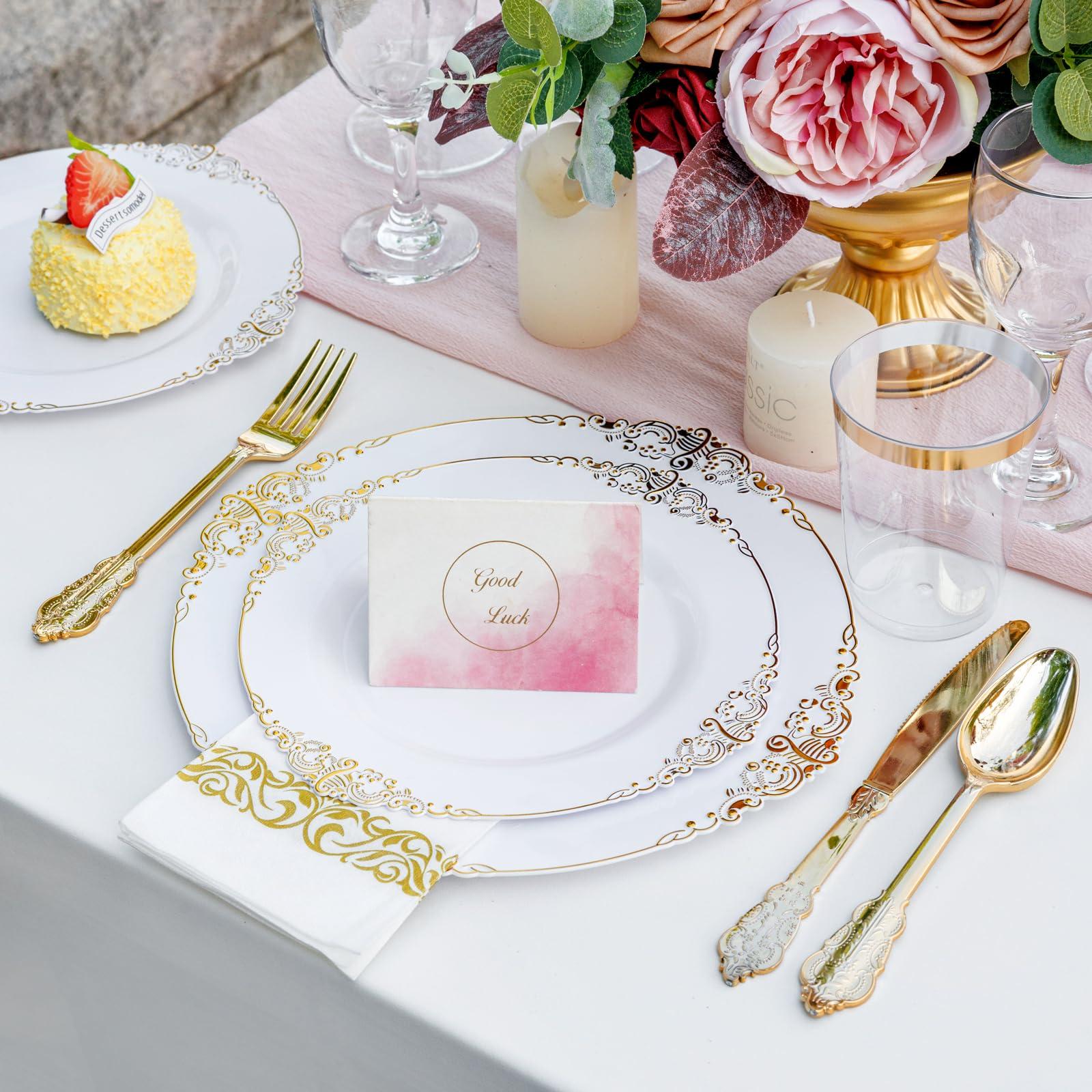 Nervure 350PCS Gold Plastic Plates - Gold Plastic Dinnerware Sets for 50 Guests - 100 Disposable Plates, 150 Silverware, 50 Cups, 50 Napkins for Wedding & Party & Graduation - Image 9
