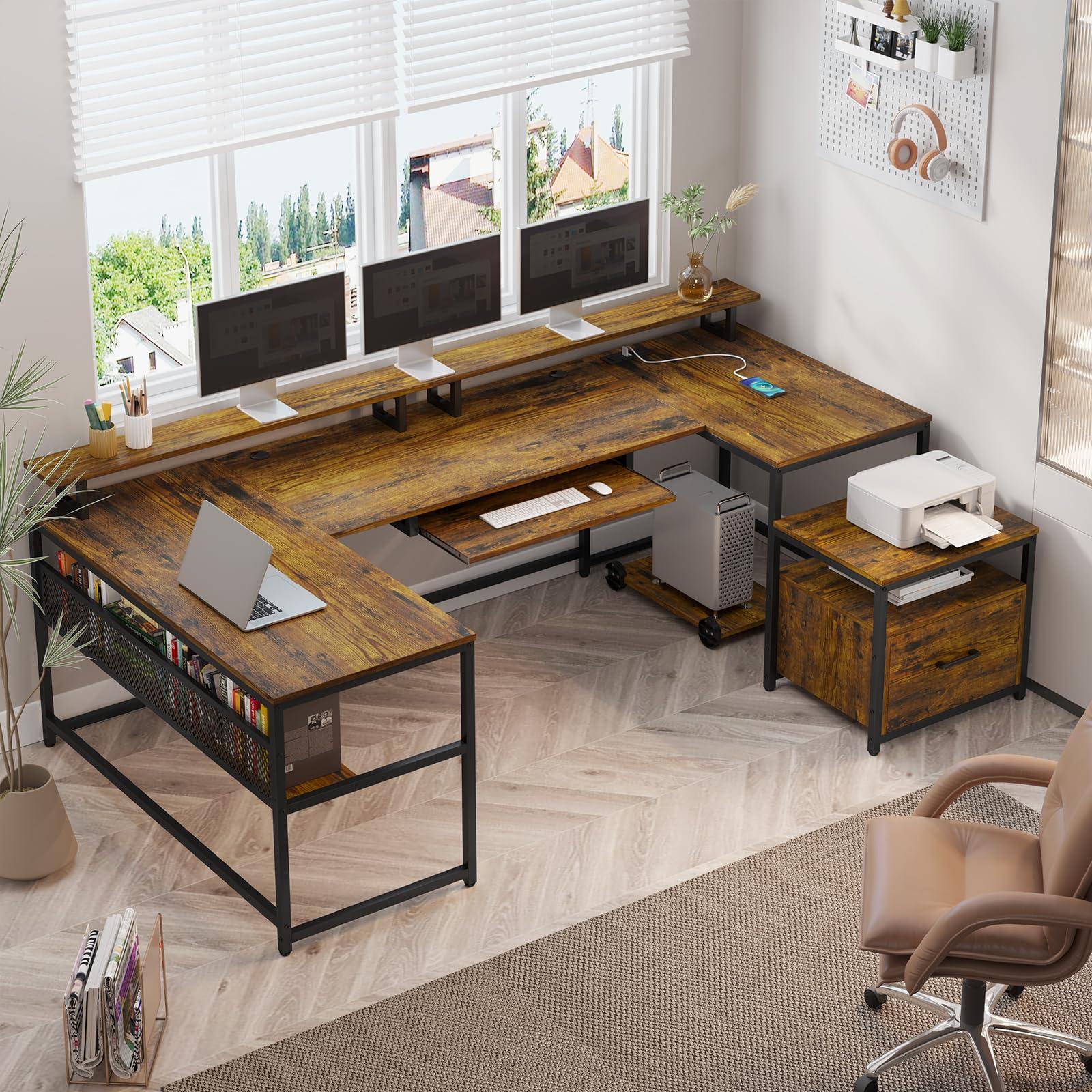 SEDETA U Shaped Desk, Reversible L Shaped Home Office Desk with File Drawer & Power Outlet, 101.5'' Computer Two Person Desk with Monitor Shelf, Keyboard Tray, Gaming Desk, Rustic Brown - Image 8