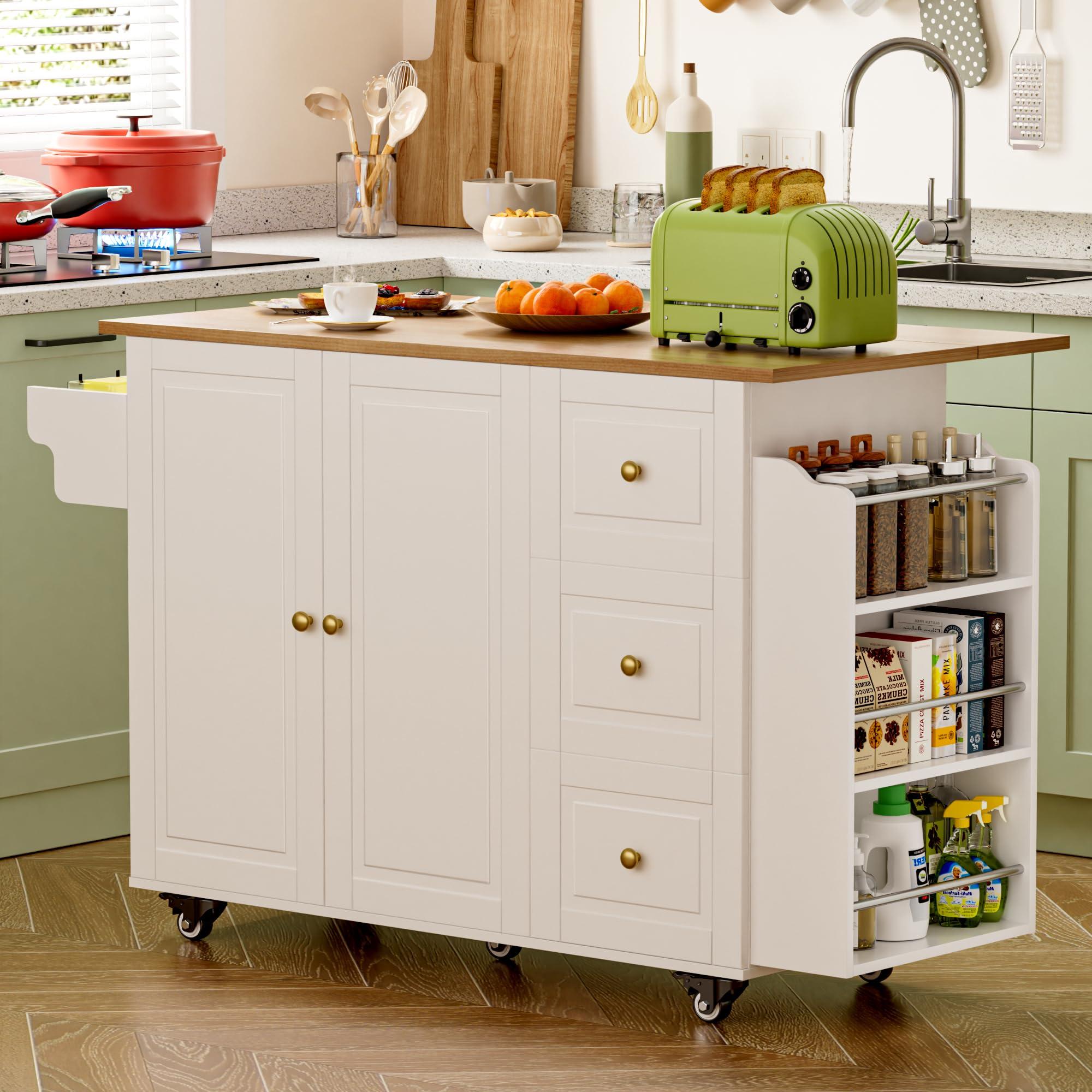 VALONDINO Kitchen Island On Wheels, Rolling Kitchen Island Cart with Drop Leaf, Storage Cabinet with 3 Drawers and Inner Adjustable Shelves, Towel Rack Spice Cart White