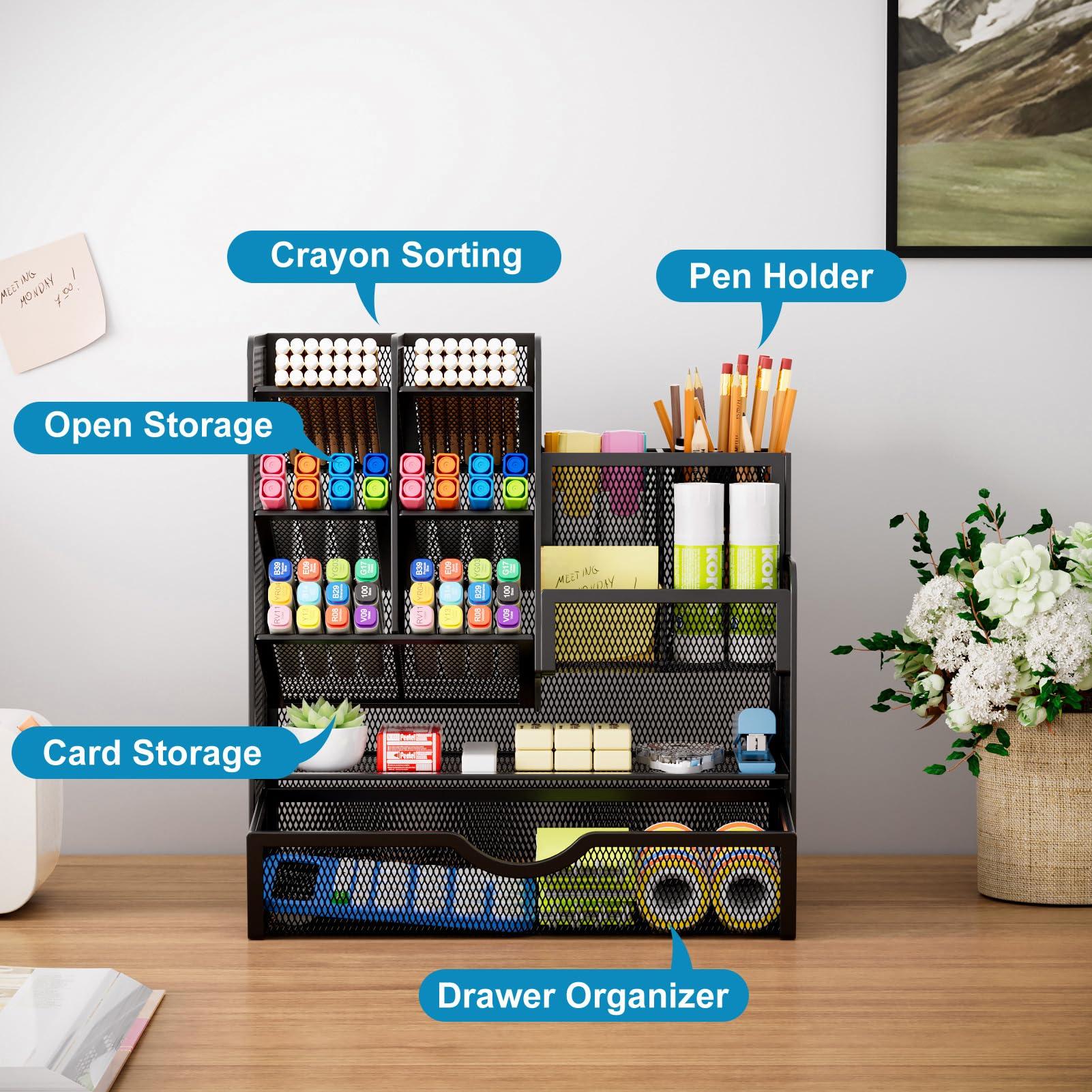 Marbrasse Mesh Pen Holder for Desk, Multi-Functional Pencil Organizer with Drawer, Desk Organizers and Accessories for Office Art Supplies (Black) - Image 4