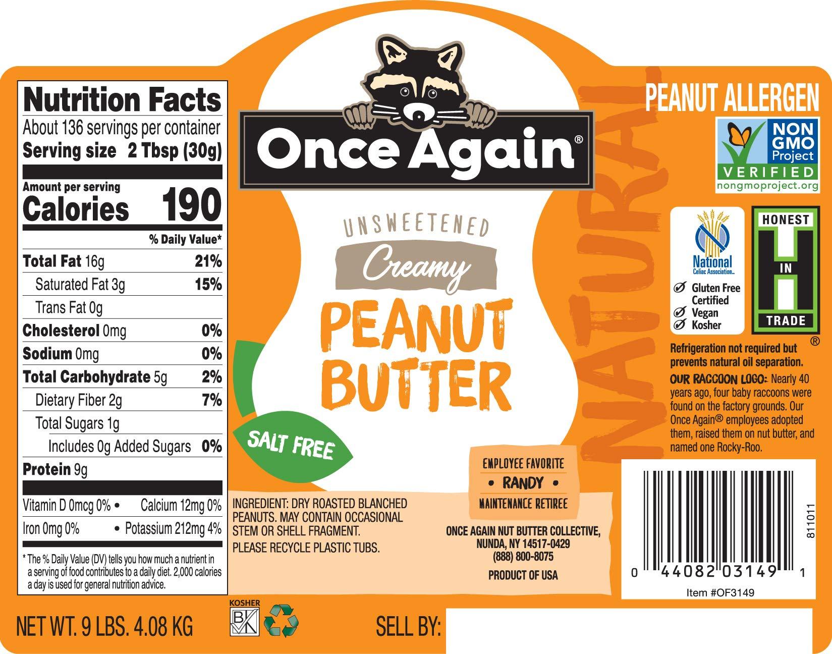 Once Again Natural, Creamy Peanut Butter, 9lb Bucket (same as 9 jars) - Salt Free, Unsweetened - Gluten Free Certified, Vegan, Kosher, Non-GMO Verified - Image 2