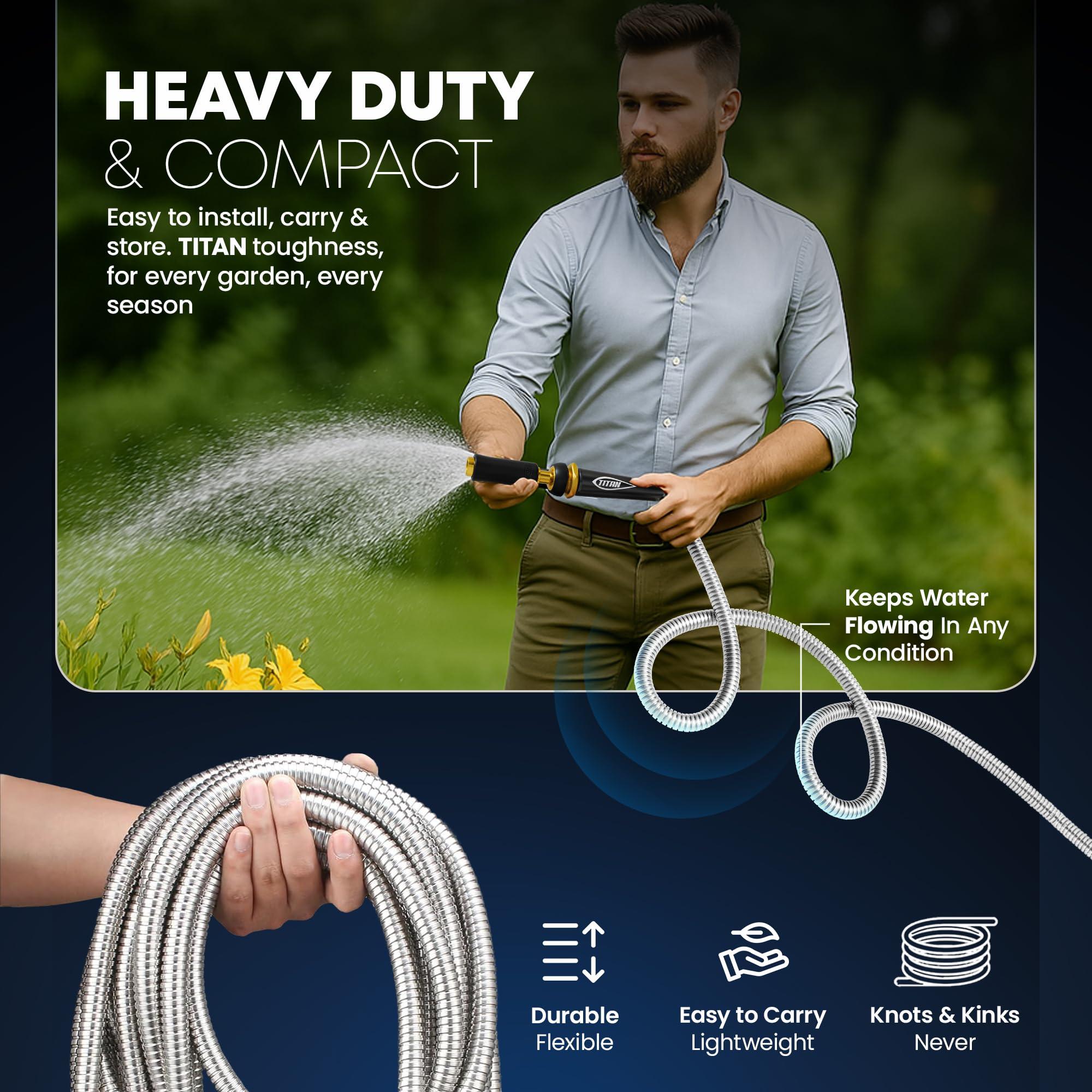 TITAN Garden Hose 75FT - 304 Stainless Steel Metal Water Hose, Flexible, Kink-Free, Lightweight, Durable, Crush Resistant Fittings, Easy to Coil, 500 PSI - Image 2