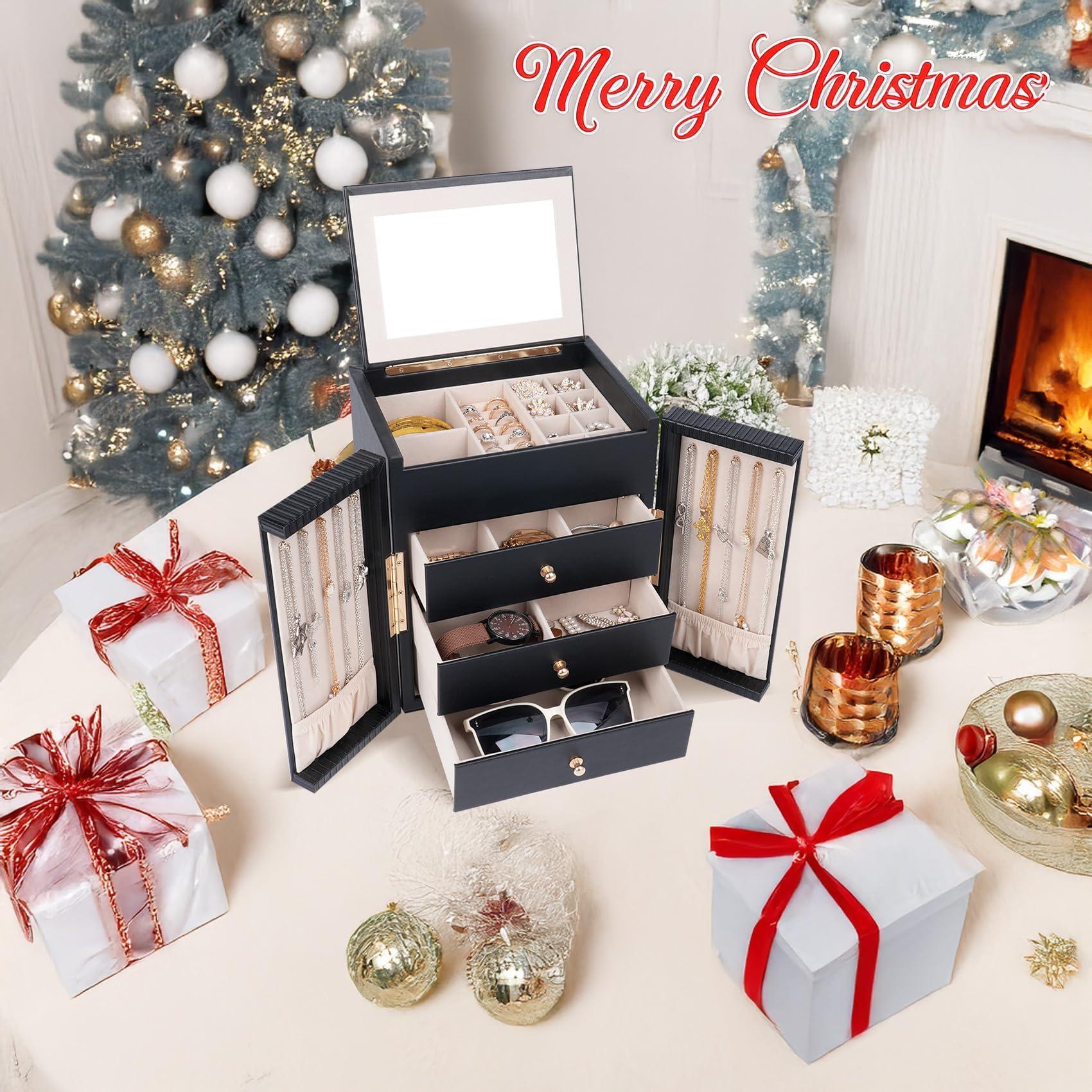 Dajasan Large Jewelry Box for Women, Jewelry Organizer Box with 3 Drawers, Jewelry Storage Organizer with Mirror for Necklace Ring Bracelet Watch, Gift Idea, 8.7 x 7.5 x 9.8 Inches (Black) - Image 8