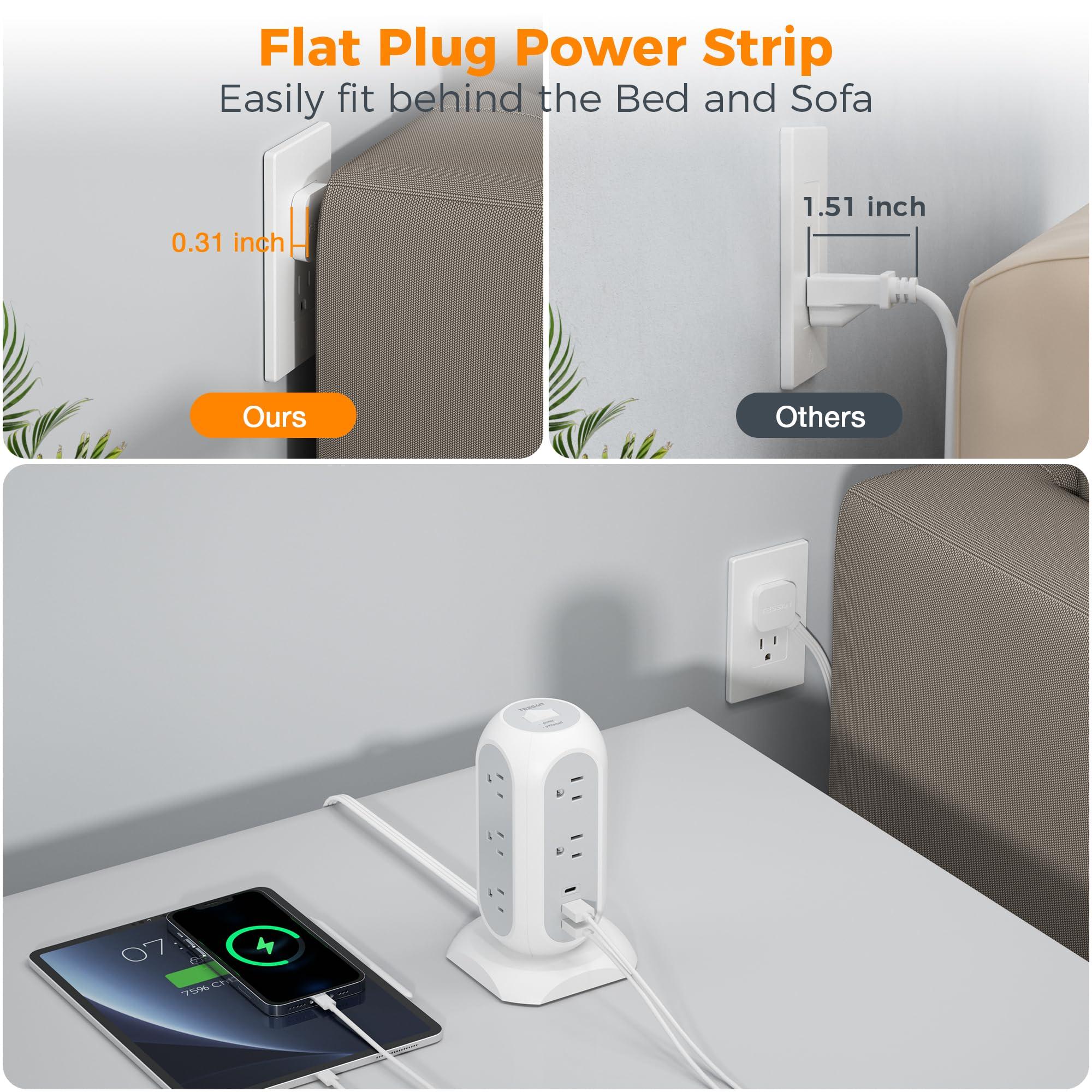 Tower Power Strip Flat Plug with 11 Outlets 3 USB (1 USB C), TESSAN Surge Protector Tower 1625W/13A,1050J Protection, 6 Feet Extension Cord with Multiple Outlets, Office Desk Supplies, Dorm Essentials - Image 2