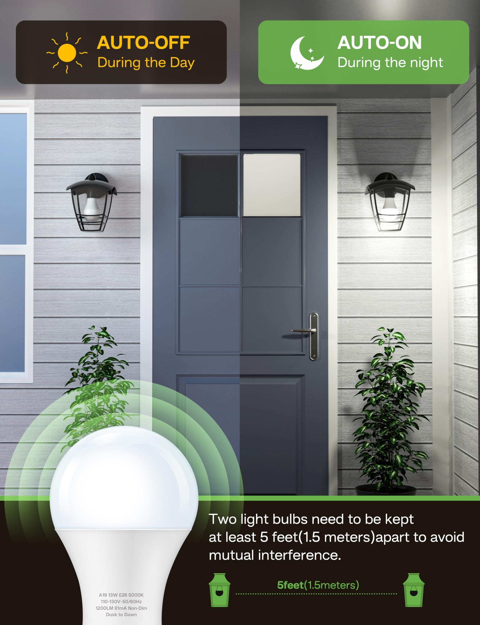 Eastiya Dusk to Dawn Sensor LED Outdoor Light Bulb, Daylight White 5000K, A19 13W(100 Watt Equivalent) Bright Porch Lighting, 1200LM, Auto-On/Off Photocell Sensor for Garage Yard Patio Garden-4 Pack - Image 3