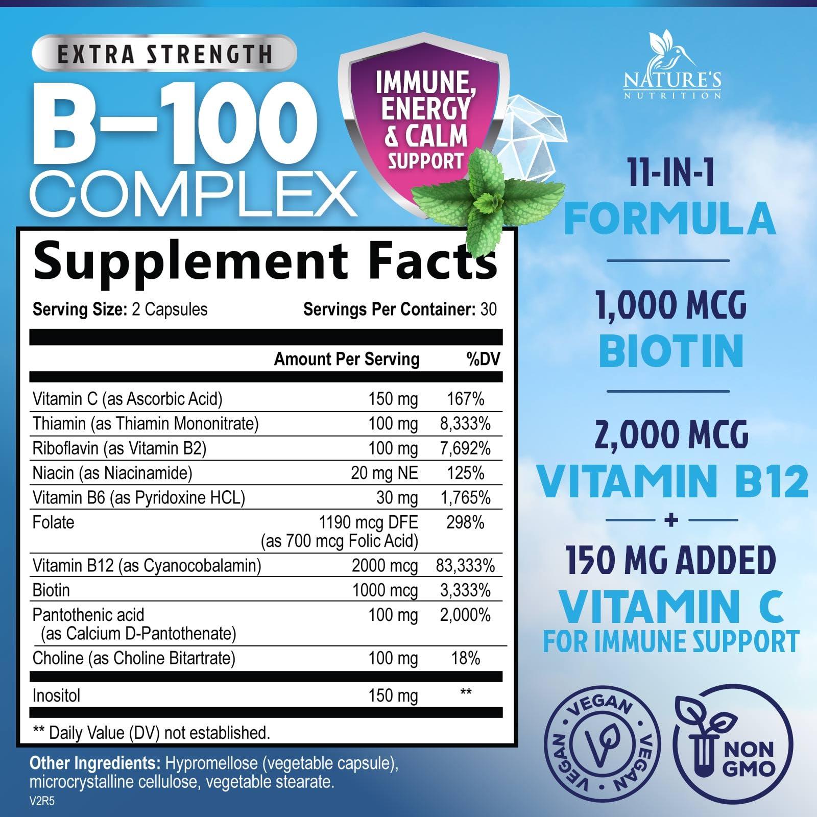Vitamin B Complex Capsules with Vitamins B6 B12 B100 C Biotin Folate & Folic Acid - Supplement for Heart, Brain, & Nerve Support - Super Complete B-Complex for Immune & Energy Support - 60 Capsules - Image 2