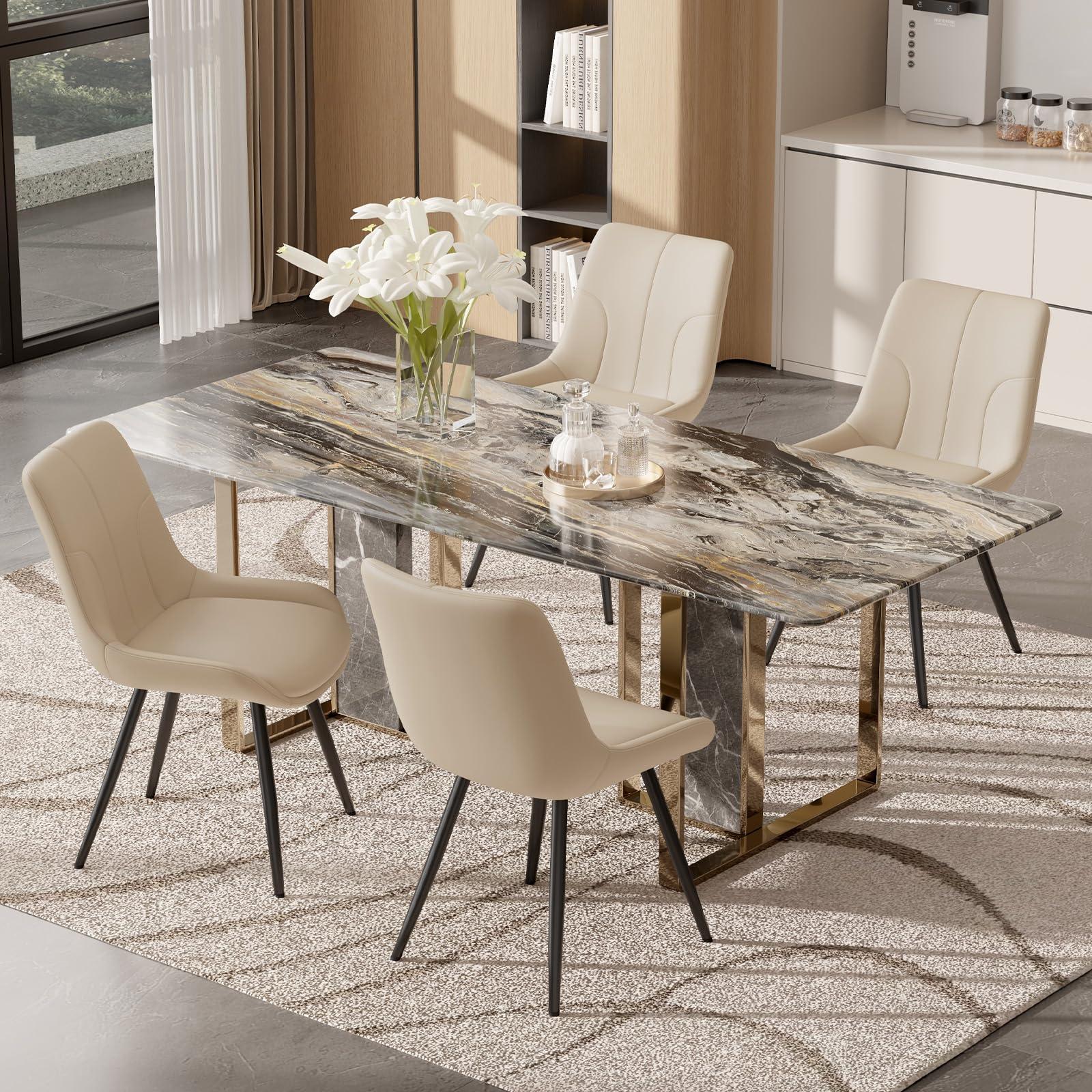 Daluvenix Upholstered Dining Chairs Set of 4, Modern Faux Leather Dining Room Chairs with Thick Cushion and Metal Legs, Kitchen Chairs with Back for Dining Room, Khaki