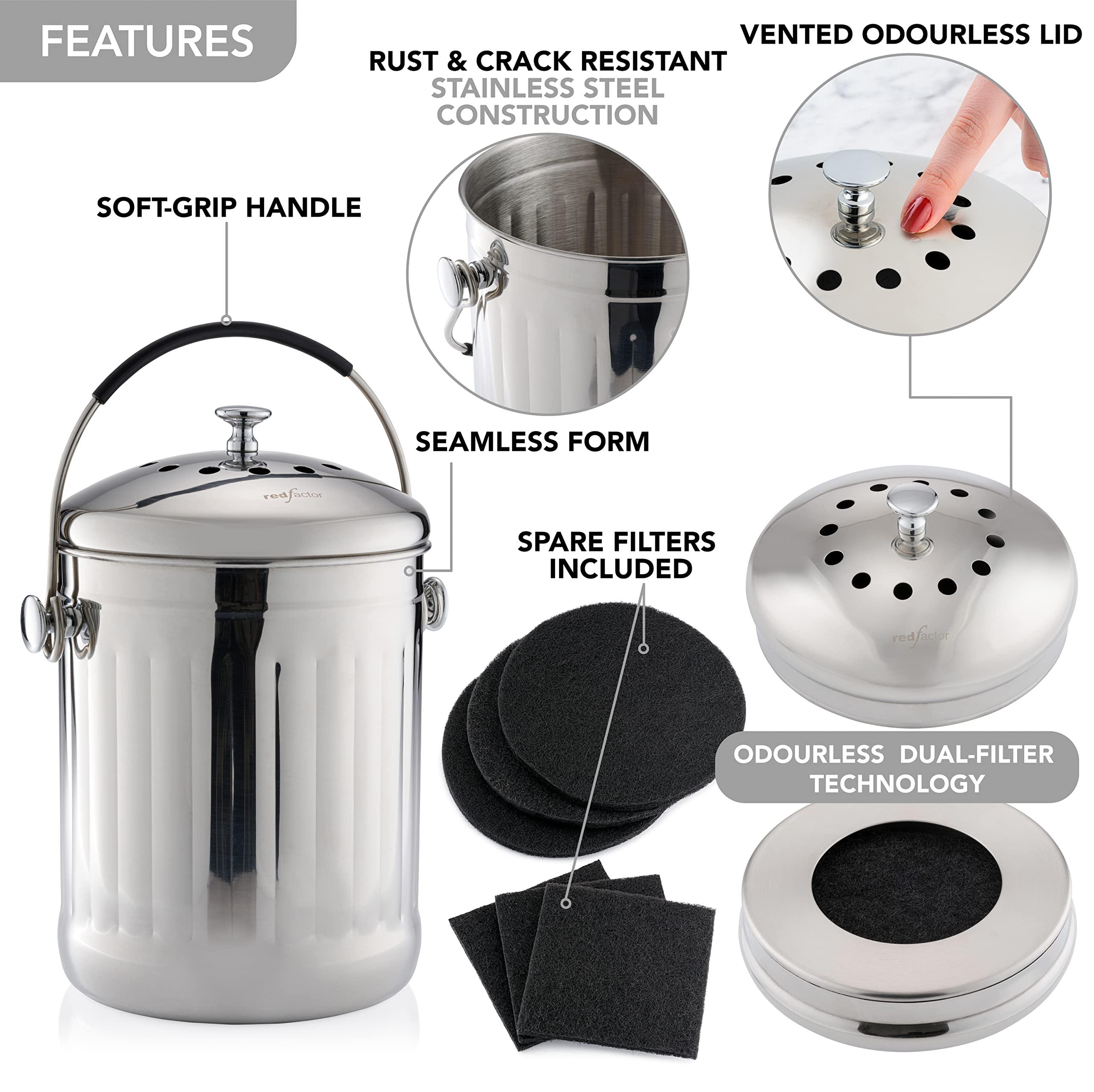 RED FACTOR Premium Compost Bin for Kitchen Countertop - Stainless Steel Food Waste Bucket with Innovative Dual Filter Technology - Includes Spare Filters (Brilliant Steel, 1.3 Gallon) - Image 6