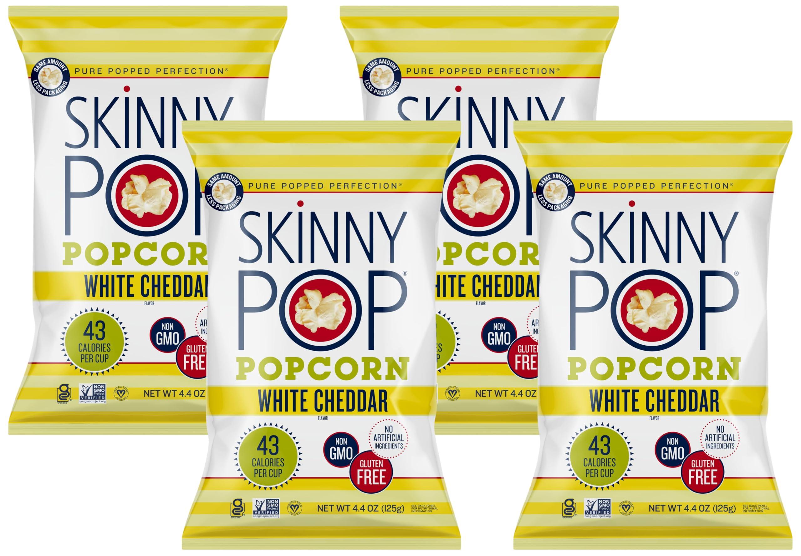 SkinnyPop White Cheddar Popcorn, 4.4oz Grocery Sized Bag, Skinny Pop, Healthy Popcorn Snacks, Gluten Free (Pack of 4)