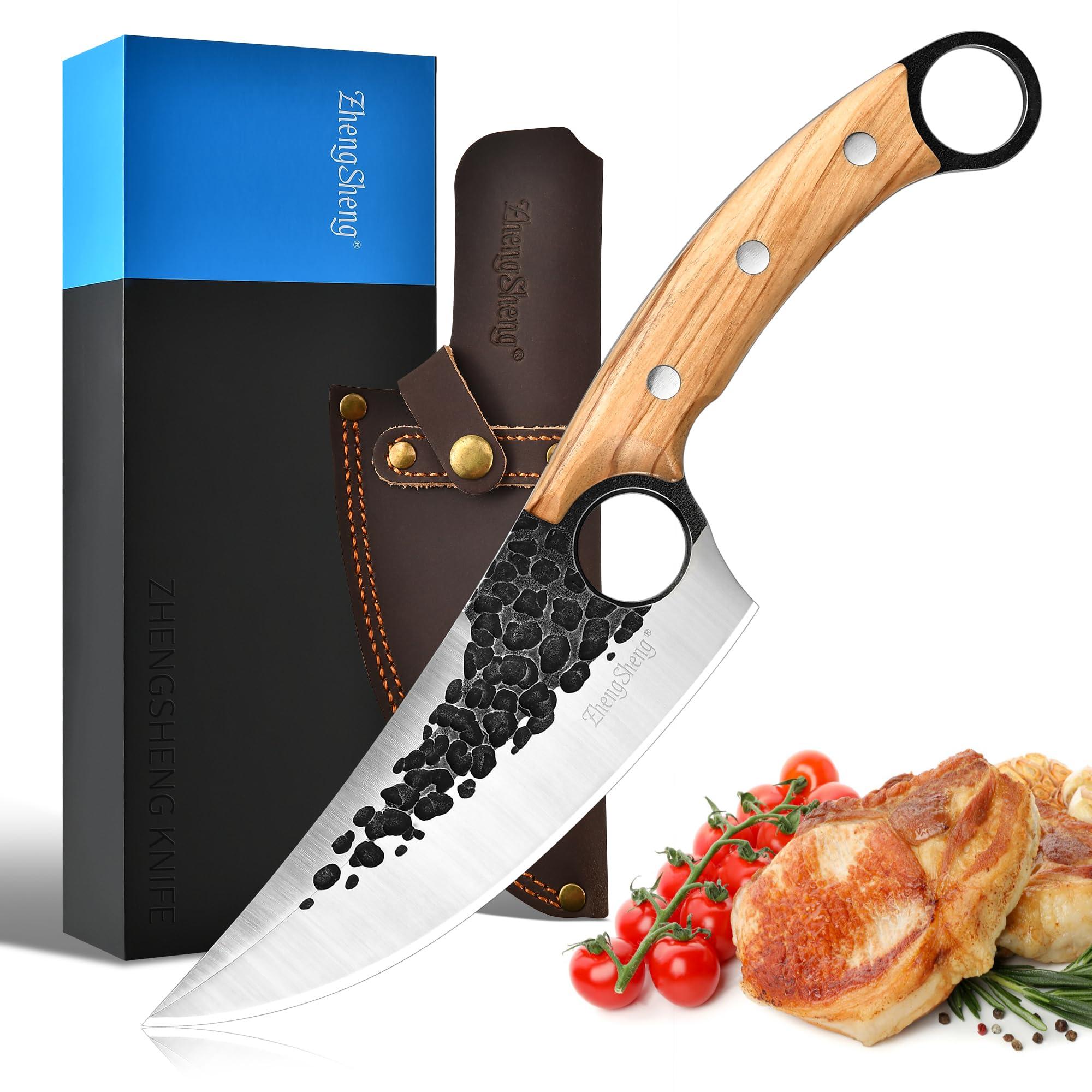 ZhengSheng 6.0” Chef Knife, Great Kitchen Knife with Leather Sheath Olive Handle Forged Viking Cleaver Knive Japanese Style knives for Home Cooking, Camping, BBQ