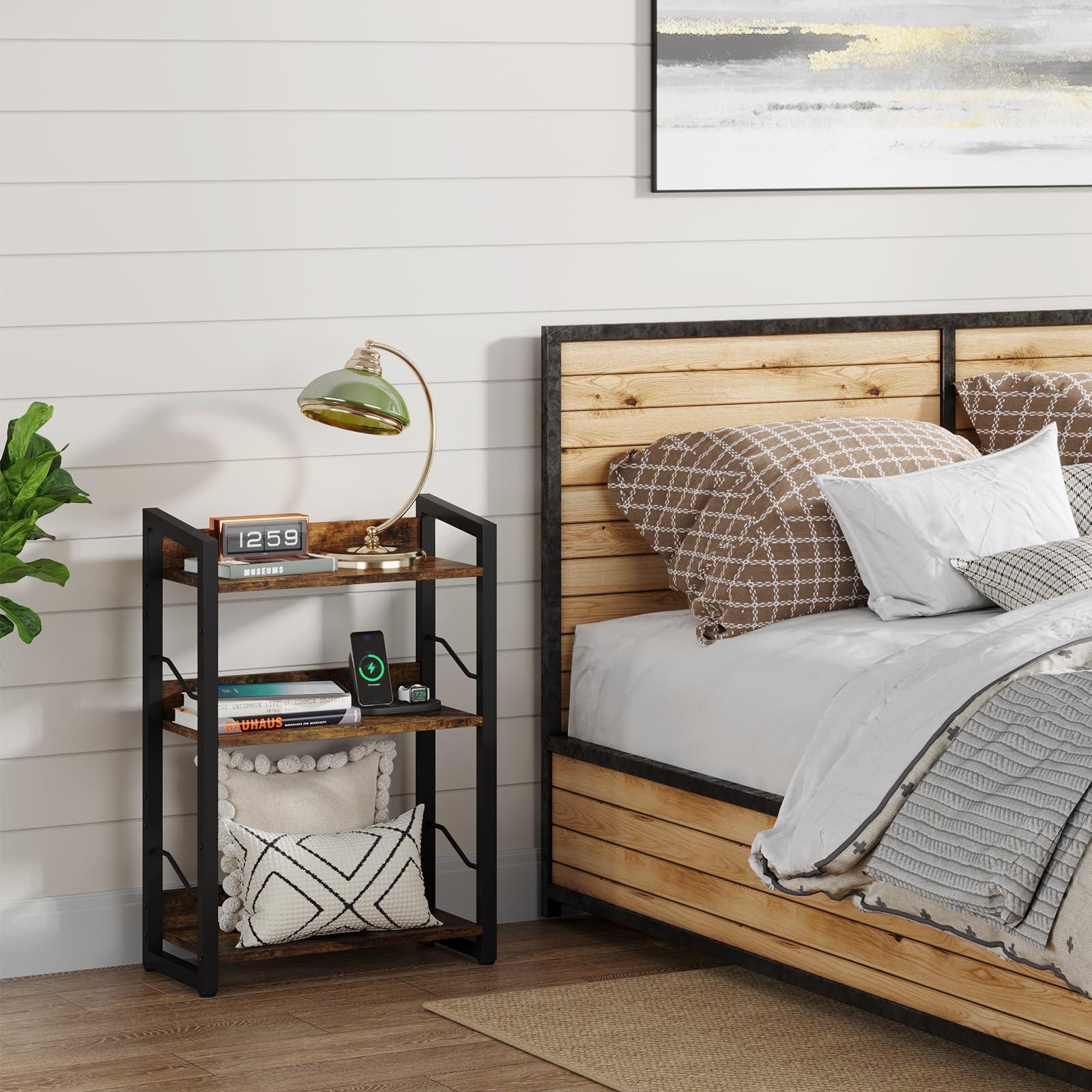 Hosfais Book Shelf Small Bookshelf: 3-Tier Wood Bookcase Industrial Bookshelf with Edge Protection Metal Narrow Bookcase Storage Organizer Display Rack for Bedroom Home Office (Rustic Brown) - Image 8