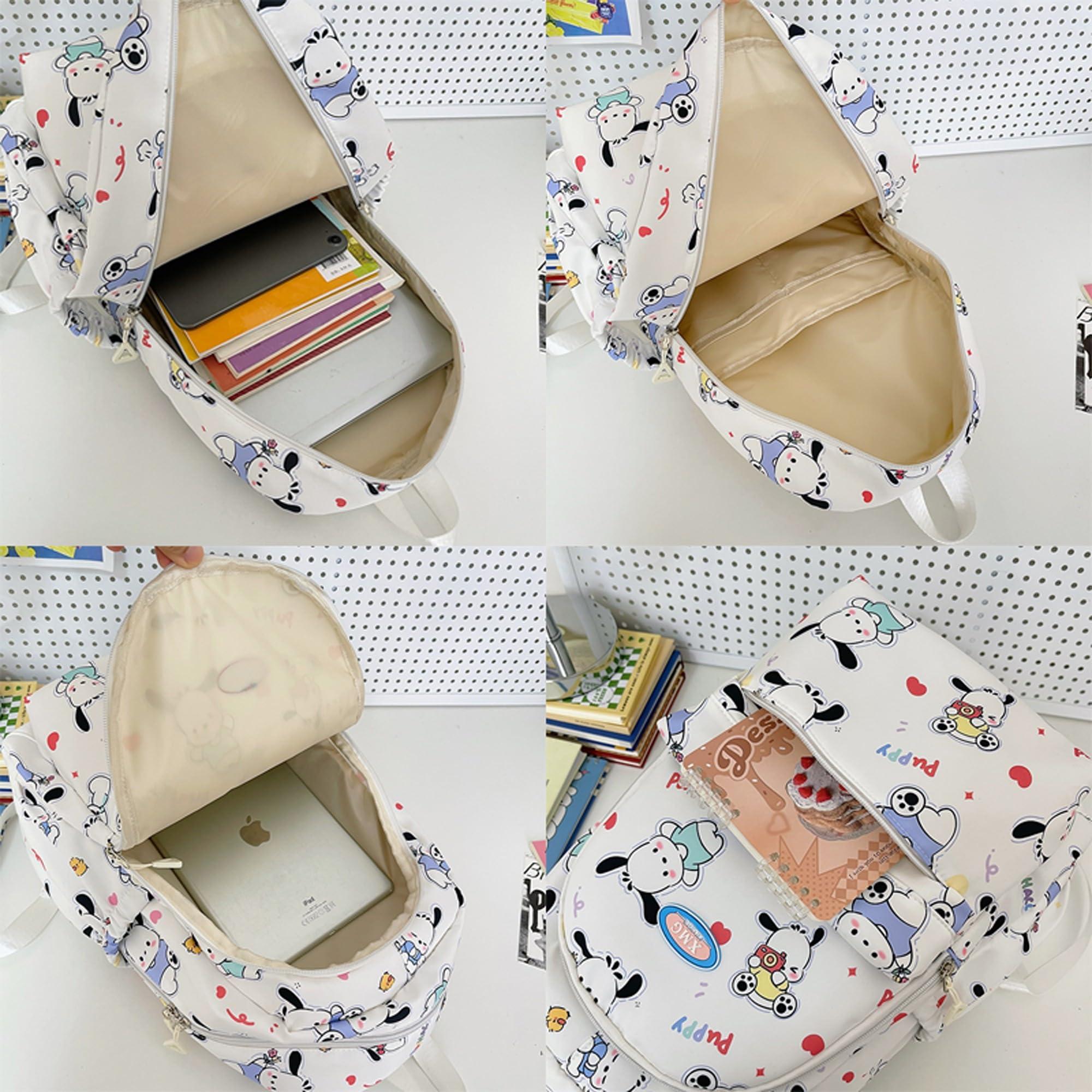Roffatide Cartoon Pochacco All Over Print Casual Backpack Laptop Backpack Bike Travel Hiking Rucksack Daypack White (With Cute Pendants) - Image 5