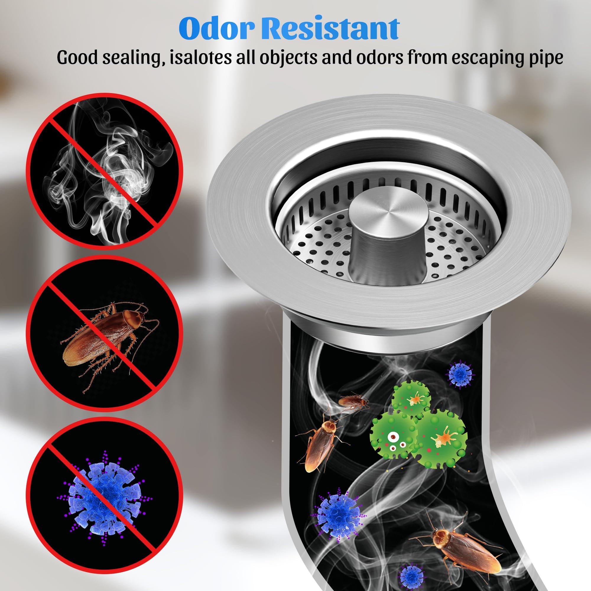 NinjaTiger Kitchen Sink Drain Strainer - 2-Pack Stainless Steel Sink Stopper 3-in-1 Pop-Up Sink Strainer with Anti-Clogging Basket Odor Filter Sink Drain Cover Plug for US Standard 3-1/2 Inch Drain - Image 5