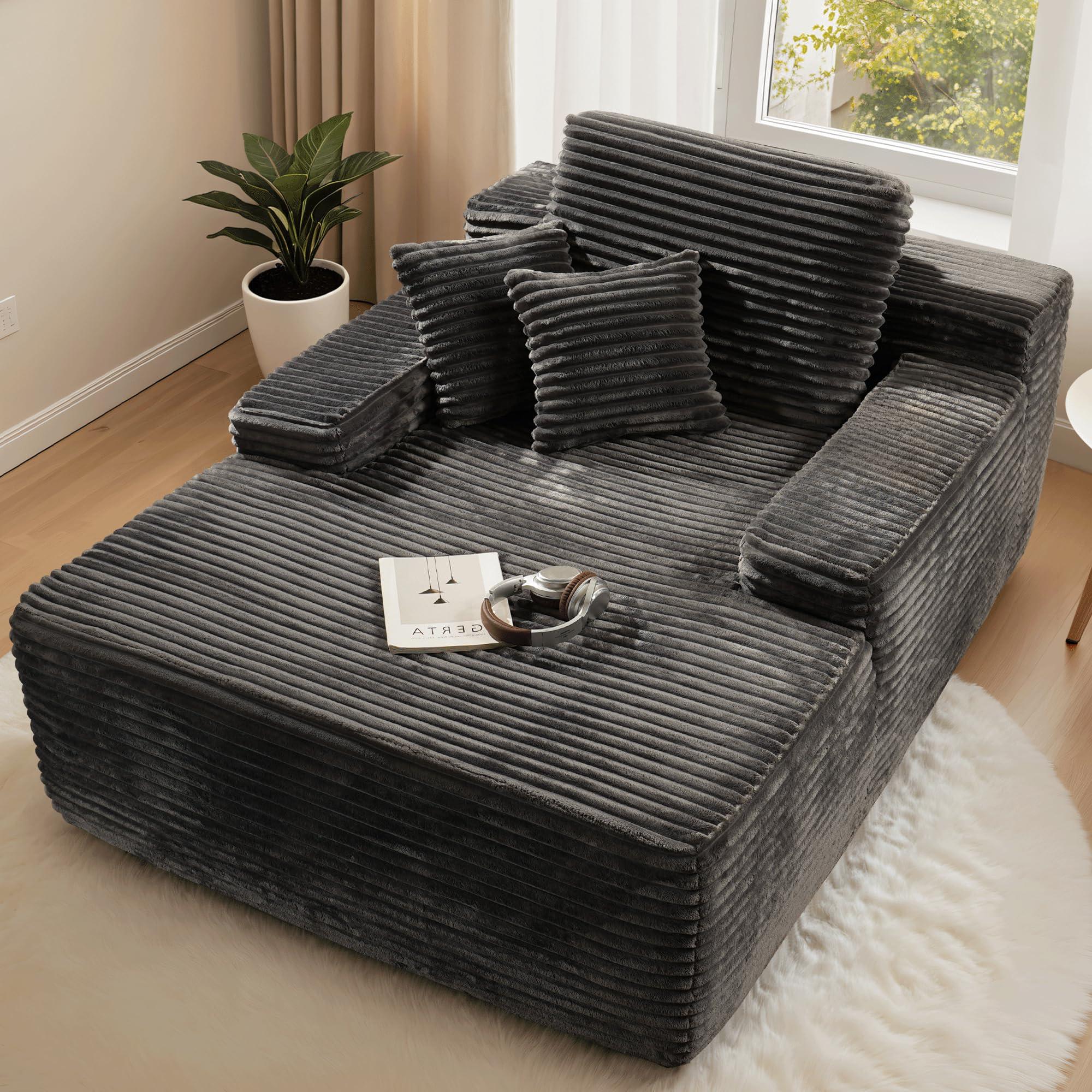 ovios 67'' Chaise Lounge Chair Indoor, Oversized Upholstered Sofa Bed, Sleeper Couch Reading Chairs Fluffy Plush Faux Fur Cloud Sofas Couches for Living Room, Grey