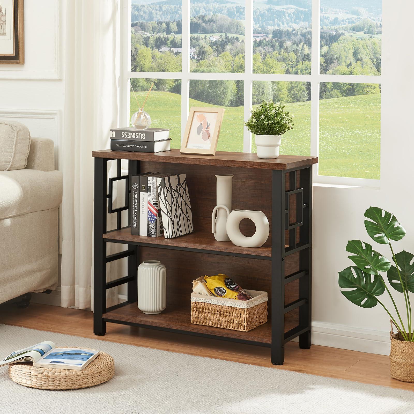 HOMISSUE Book Shelf, 3 Tier Deep Bookshelf with Storage, Engineered Wood and Metal Shelf Bookcase, Low Short Bookcases for Small Space, Living Room, Bedroom, Office, Rustic Brown - Image 3