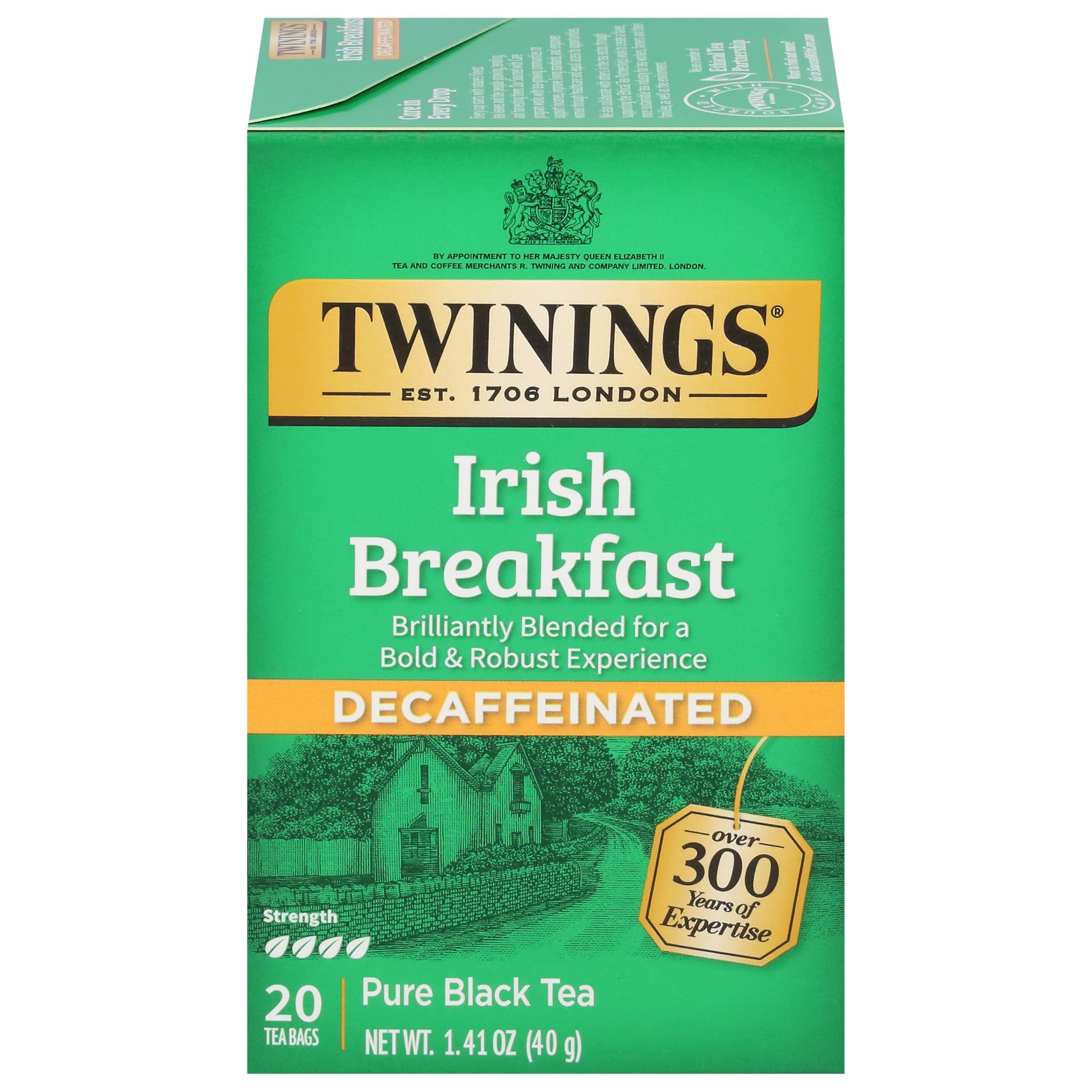 Twinings Decaffeinated Irish Breakfast Black Tea Individually Wrapped Bags, 20 Count (Pack of 1), 20 Teabags Per Box, Flavourful, Robust, Enjoy Hot or Iced