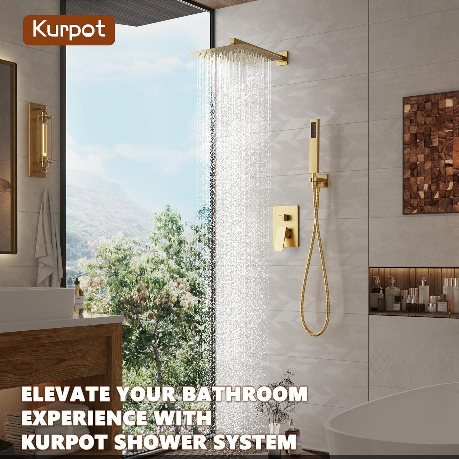 Kurpot Gold Shower System, 10'' Square Rainfall Shower Head with Handheld Combo Spray, Bathroom Brushed Gold Shower Faucet Set with Valve, 59'' Shower Hose, Shower Trim Kit and Diverter, Wall Mounted - Image 7