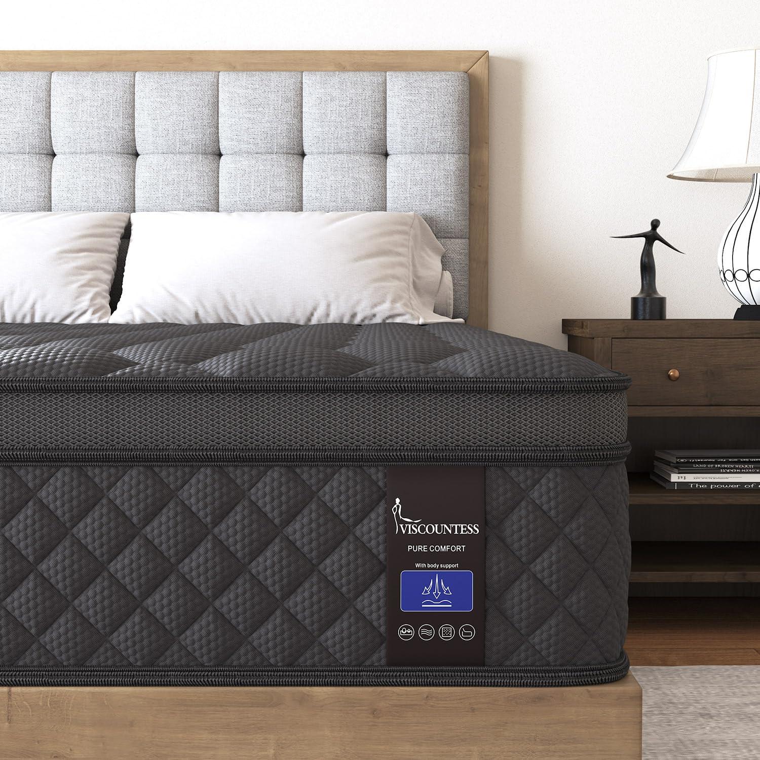 VISCOUNTESS Queen Mattress, 14 Inch Hybrid Mattresses Euro Top Medium Firm for Back & Lumbar Support, 100 Night Trial, Individual Pocket Spring Bed for Motion Isolation & Pressure Relief