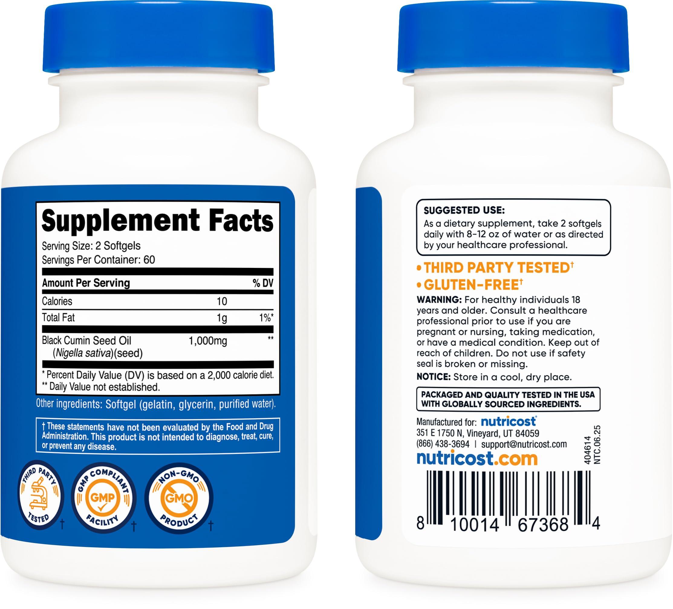 Nutricost Black Seed Oil (Cumin) - Cold Pressed, Source of Omega 3 6 9-120 Softgels, 1000mg Per Serving, 60 Servings - Non-GMO and Gluten Free - Image 4
