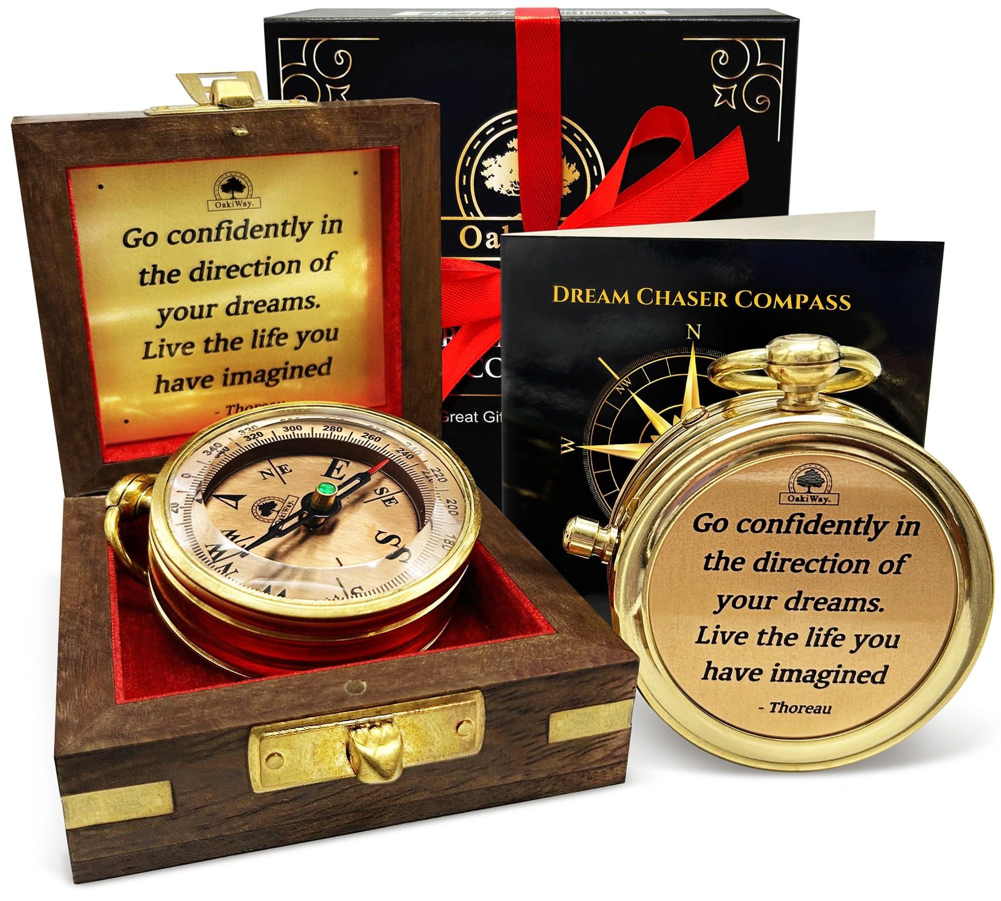 The Dream Chaser Compass in Wooden Box - 2025 Graduation Gifts for Him, College, High School, Birthday Gift Idea for Son, Boys, Daughter - Greeting Card Included, Inspirational, Motivational Present