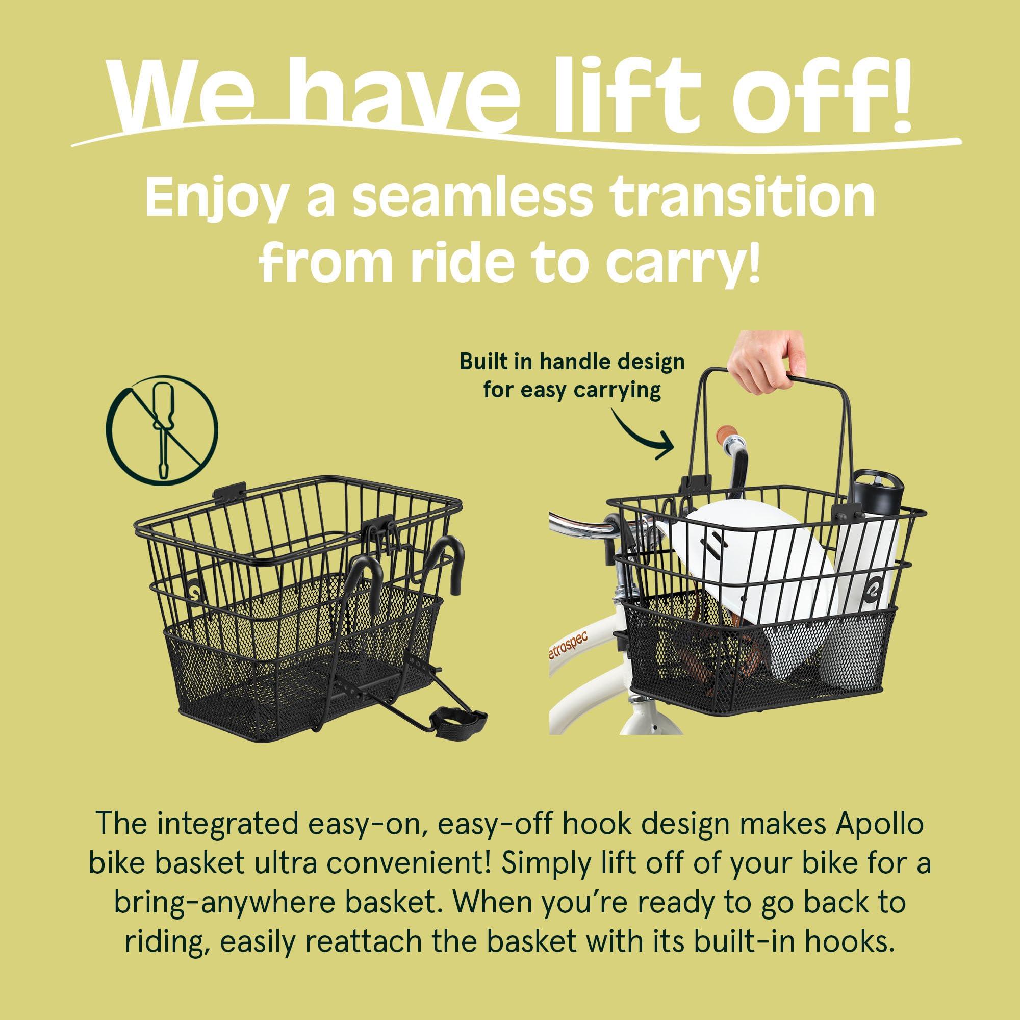 Retrospec Apollo Detachable Front Bike Basket Steel Half-Mesh with Integrated Detachable Hooks and Built-In Handle, Easy Assembly and Portability for Bicycles - Image 4