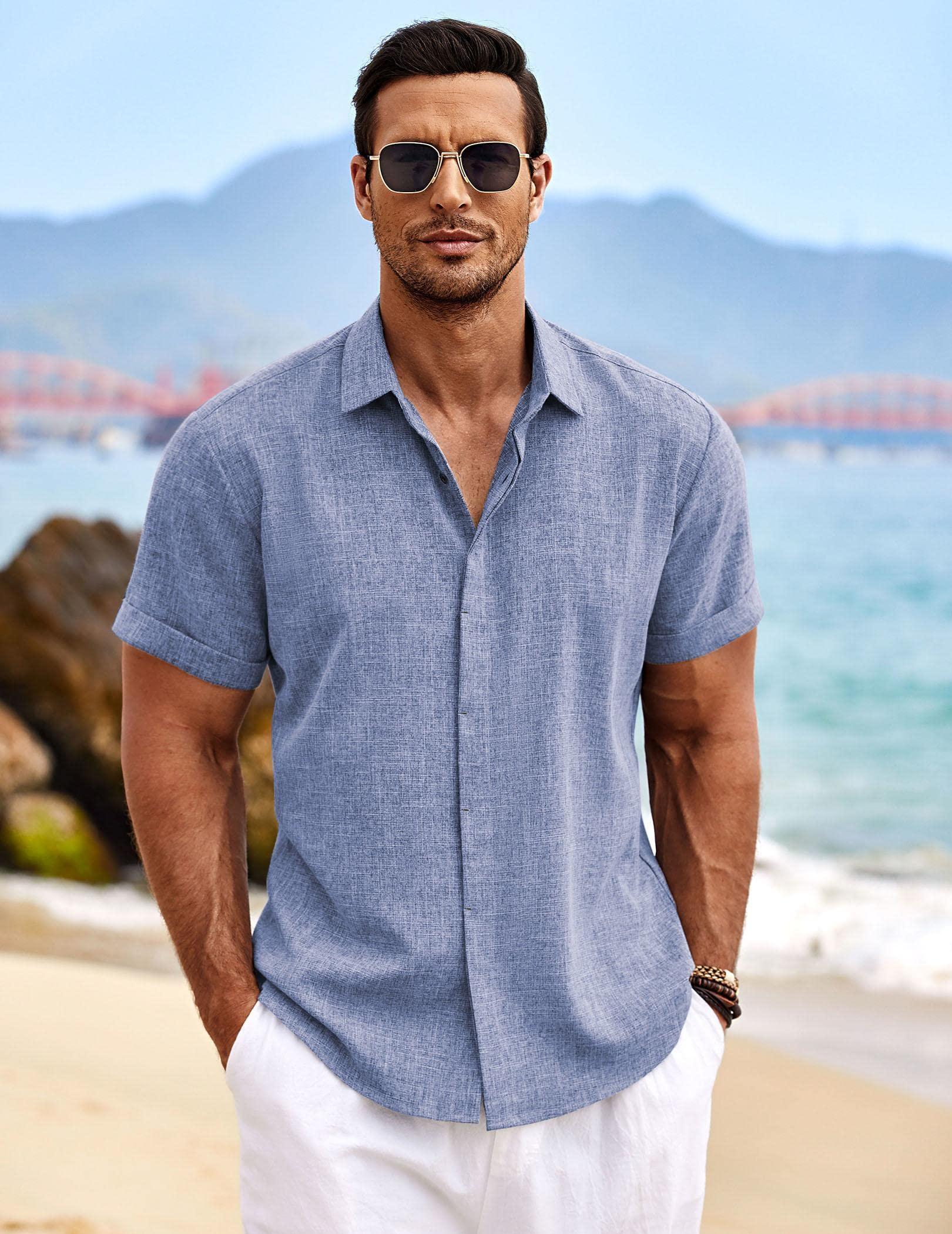 COOFANDY Men's Linen Shirts Short Sleeve Casual Shirts Button Down Shirt for Men Beach Summer Wedding Shirt - Image 2
