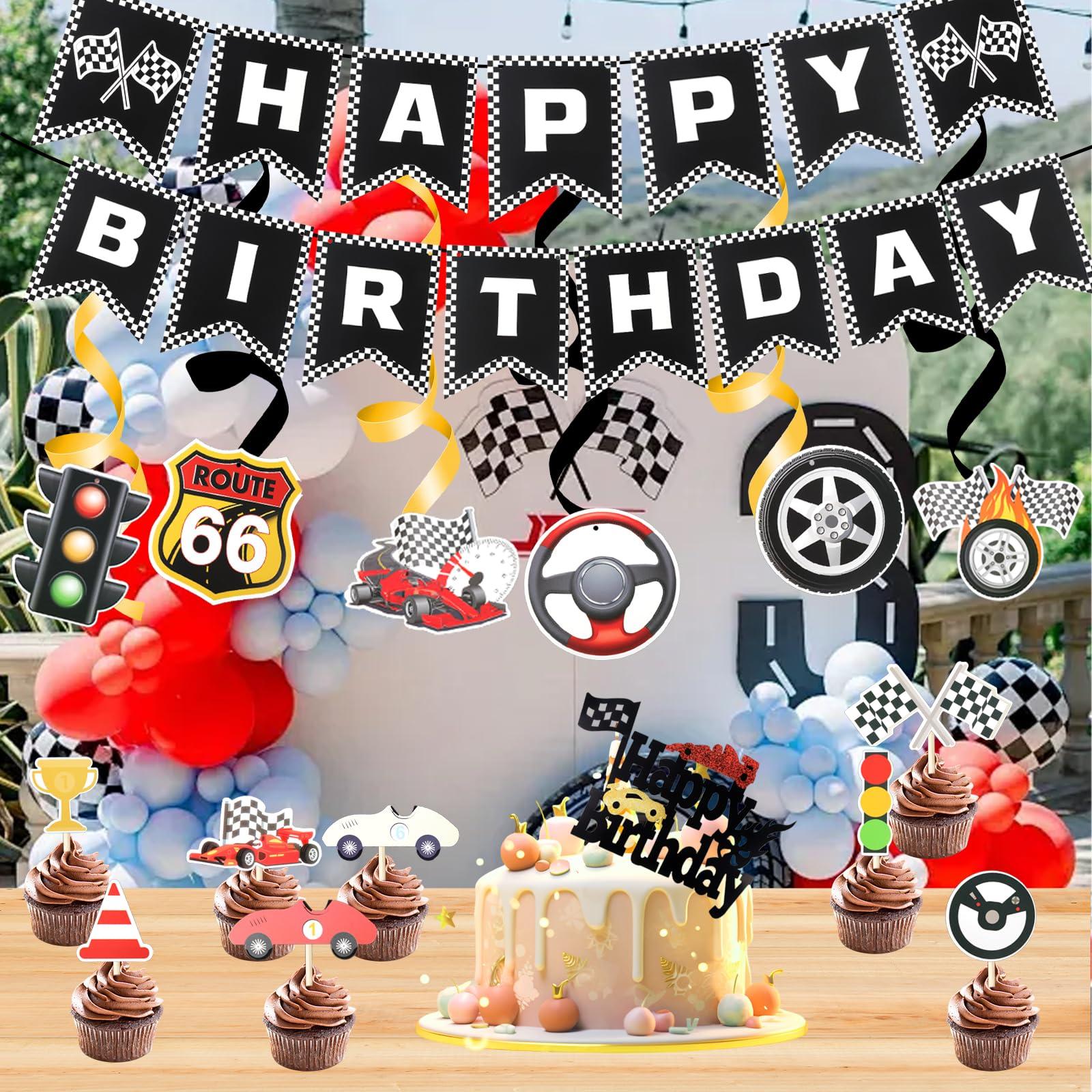 25Pcs Race Car Birthday Party Decorations Set Include Race Car Happy Birthday Banner Race Car Birthday Cupcake Toppers Race Car Garland Hanging Swirls Racing Themed Birthday Party Supplies - Image 5